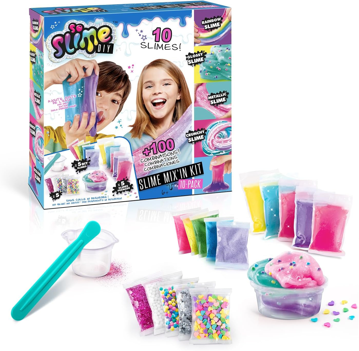 So Slime DIY Mix'In Kit 10 Pack, Multi-Coloured, Make 10 Slimes, Styles and Decorations for 100+ Combinations, No Glue! No Mess!,Everything Included to Mix Your Own Slime