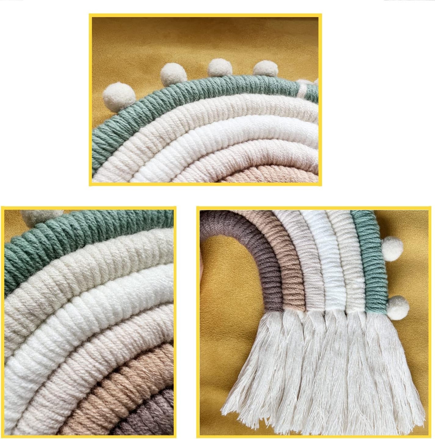 Rainbow Macrame Wall Hanging Decorations for Nursery Décor, Kids Bedroom Woven Tassel for Girls& Boys, Handmade Playroom Cotton Accessories for Baby Toddler Room (Beige)