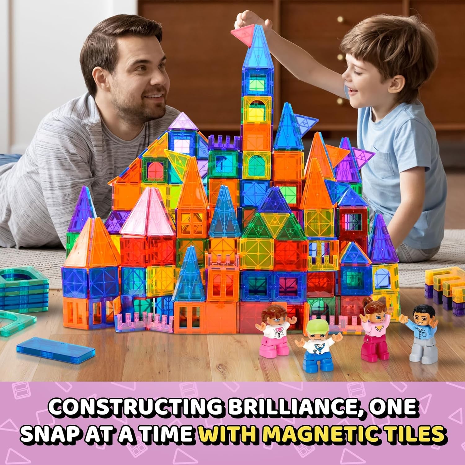 Magnetic Tiles - 100 Piece Set + 4 Play Figures + Storage Bag - Magnetic Building Blocks for Kids - Educational STEM Magnet Toys for 3, 4, 5, 6, 7 Year Old Boys & Girls - Magnetic Shapes
