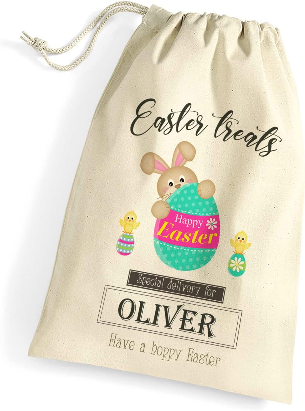 Personalised Custom Made Easter Rabbit Bunny Cotton Gift Sack Bag Extra Large (75 X 49 Cm 38 Litres) with Drawstring for Holiday Presents and Egg Hunt - Happy Easter