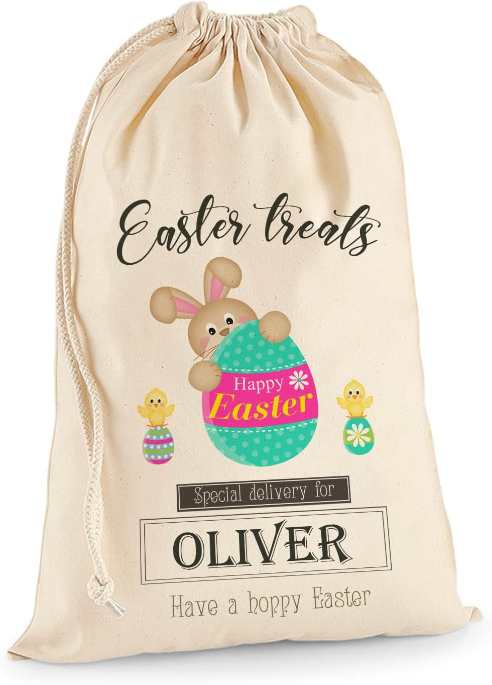 Personalised Custom Made Easter Rabbit Bunny Cotton Gift Sack Bag Extra Large (75 X 49 Cm 38 Litres) with Drawstring for Holiday Presents and Egg Hunt - Happy Easter