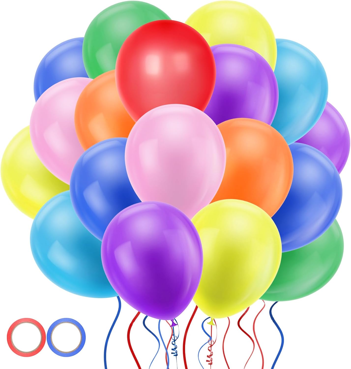 12 Inch 100 Packs Rainbow Party Balloons, Multicoloured Latex Balloons, Assorted Rainbow Balloons Birthday Balloons with 2 Rolls of Ribbon for Birthday Party Wedding Baby Shower
