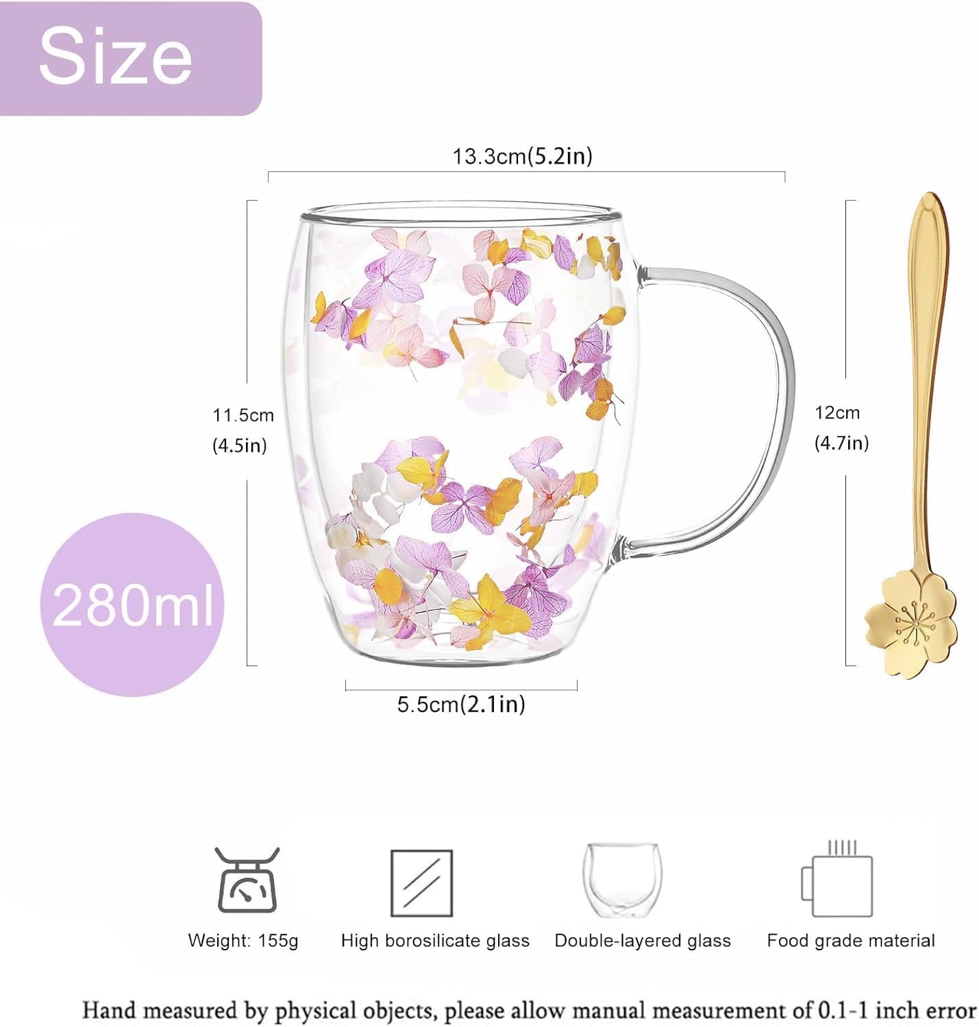 Gifts for Women Dried Flowers Double Wall Glass Coffee Mugs Cute Glass Tea Cups with Handles Christmas Birthday Gifts for Best Friend Teacher Mum Gifts New Home Gift Ideas Autumn Mug Home Decor