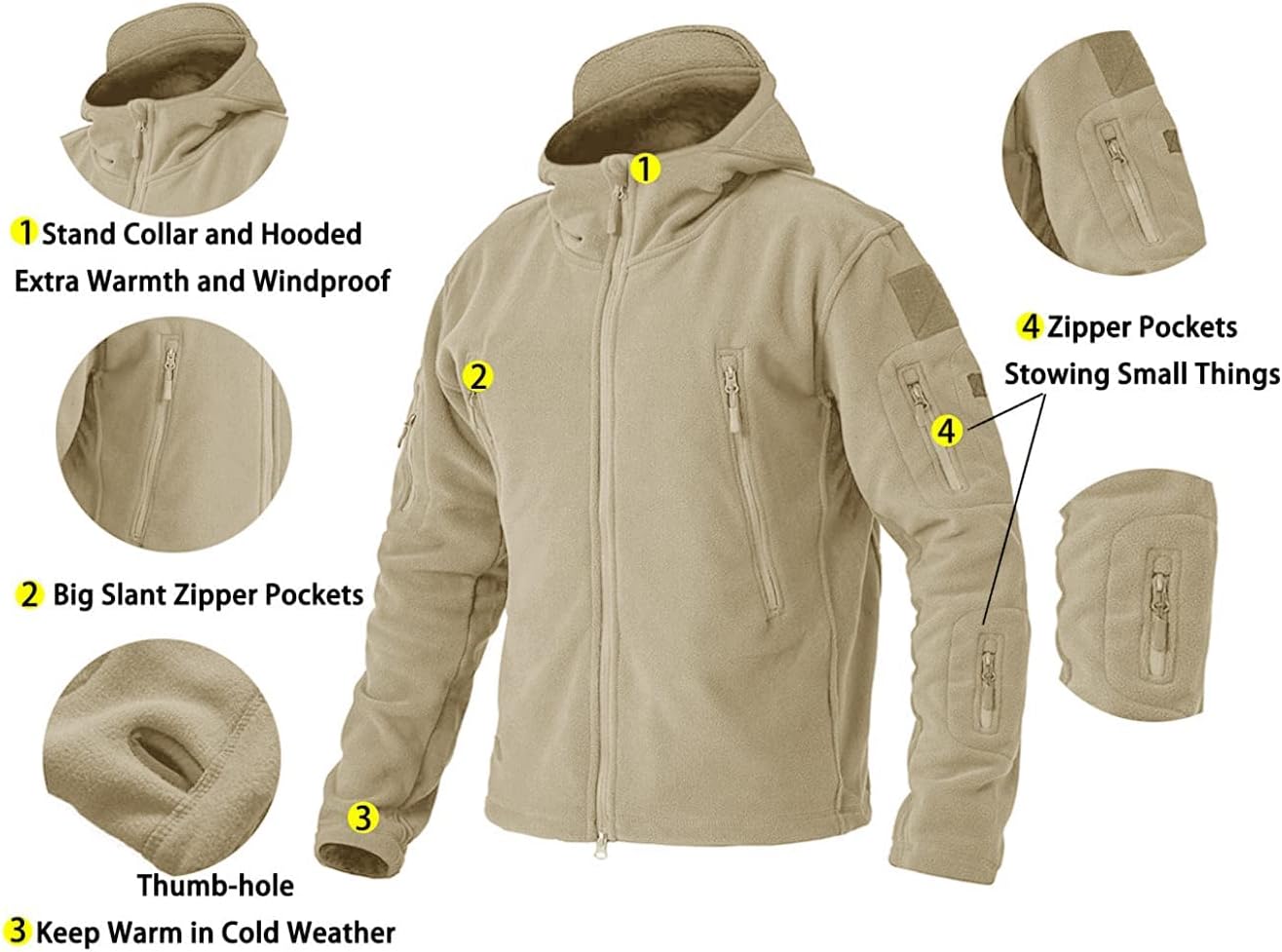 Men'S Military Fleece Jackets Zip up Hoodies Windbreakers Warm Hiking Camping Hunting Tactical Winter Coats with 6 Zip Pockets