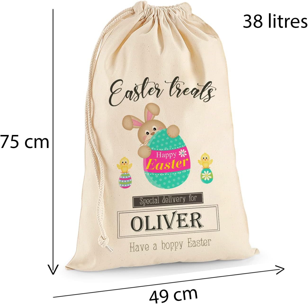 Personalised Custom Made Easter Rabbit Bunny Cotton Gift Sack Bag Extra Large (75 X 49 Cm 38 Litres) with Drawstring for Holiday Presents and Egg Hunt - Happy Easter