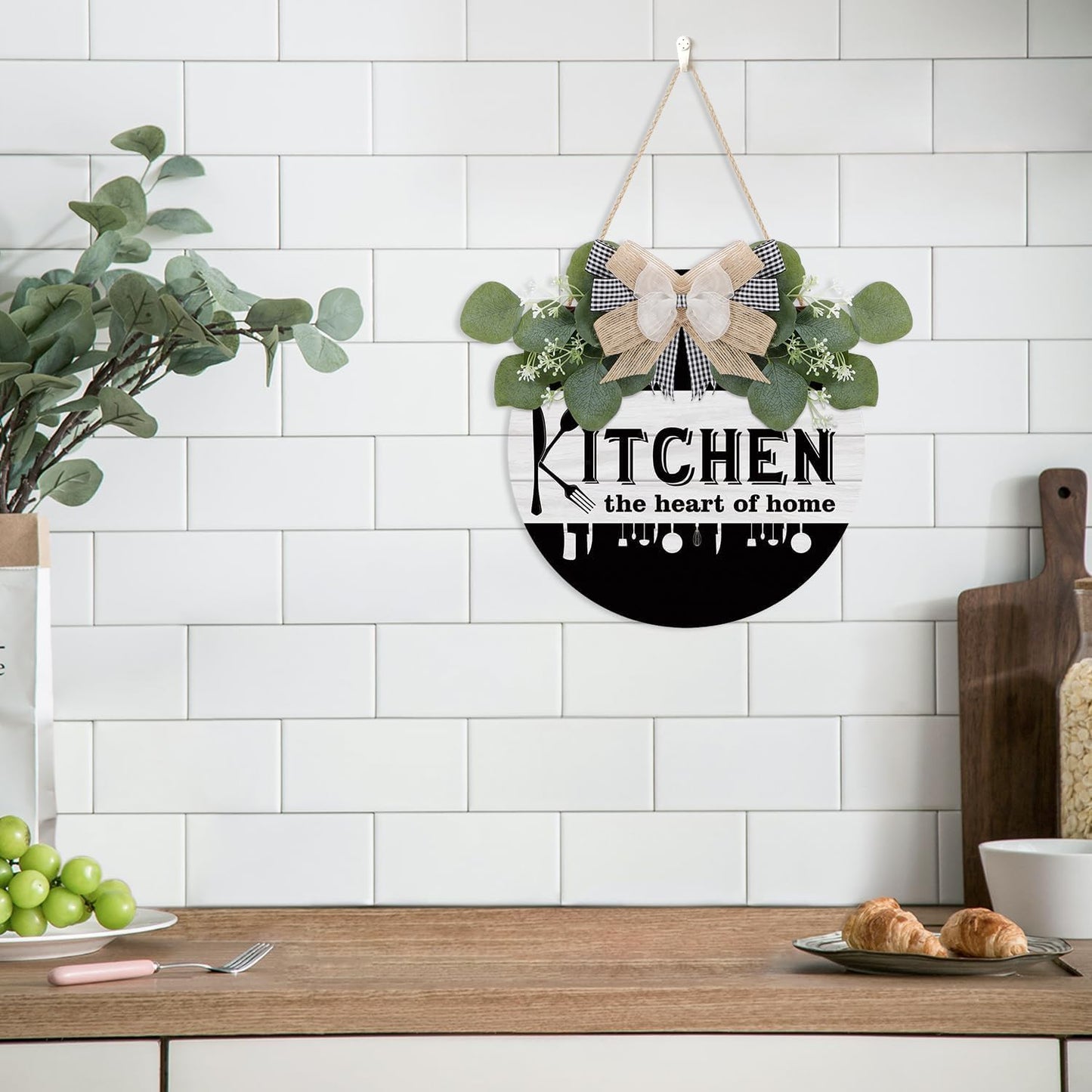 Kitchen Wooden Hanging Signs Rustic Wood Sign for Home Kitchen Decor round Wood Hanging Sign with Ribbon Bow and Artificial Green Leaves Farmhouse Style Wall Art for Kitchen Home Art Decor