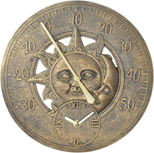 Garden Thermometer Clock Analogue Wall Bronze Sun & Moon 30Cm Clock with Vintage Style,Weatherproof Battery Operated Thermometer Weather Station for Garden Indoor or Outdoor Wall