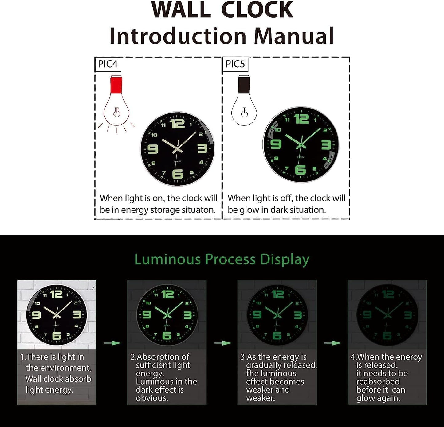 Wall Clock - 12 Inch Large Wall Clocks Glow in the Dark Clock Silent Night Lights Luminous Modern Small Vintage Black Retro White Outdoor Clock for Kitchen Bedrooms Bathroom Living Room Garden Kids