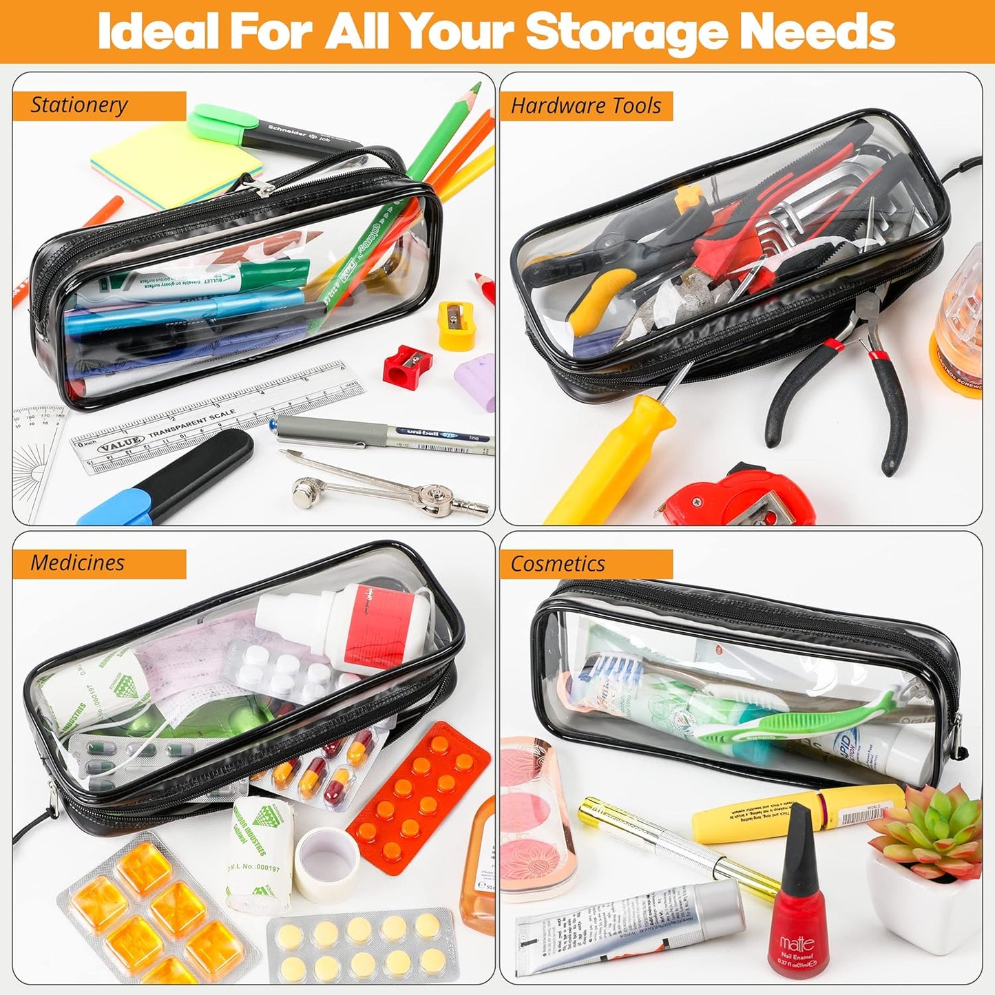 Clear Pencil Case Black | 22X4X9 Cm Stylish, Practical and Transparent Pencil Case | Versatile Storage for Stationery, Toiletries, Makeup, Travel & Office Supplies