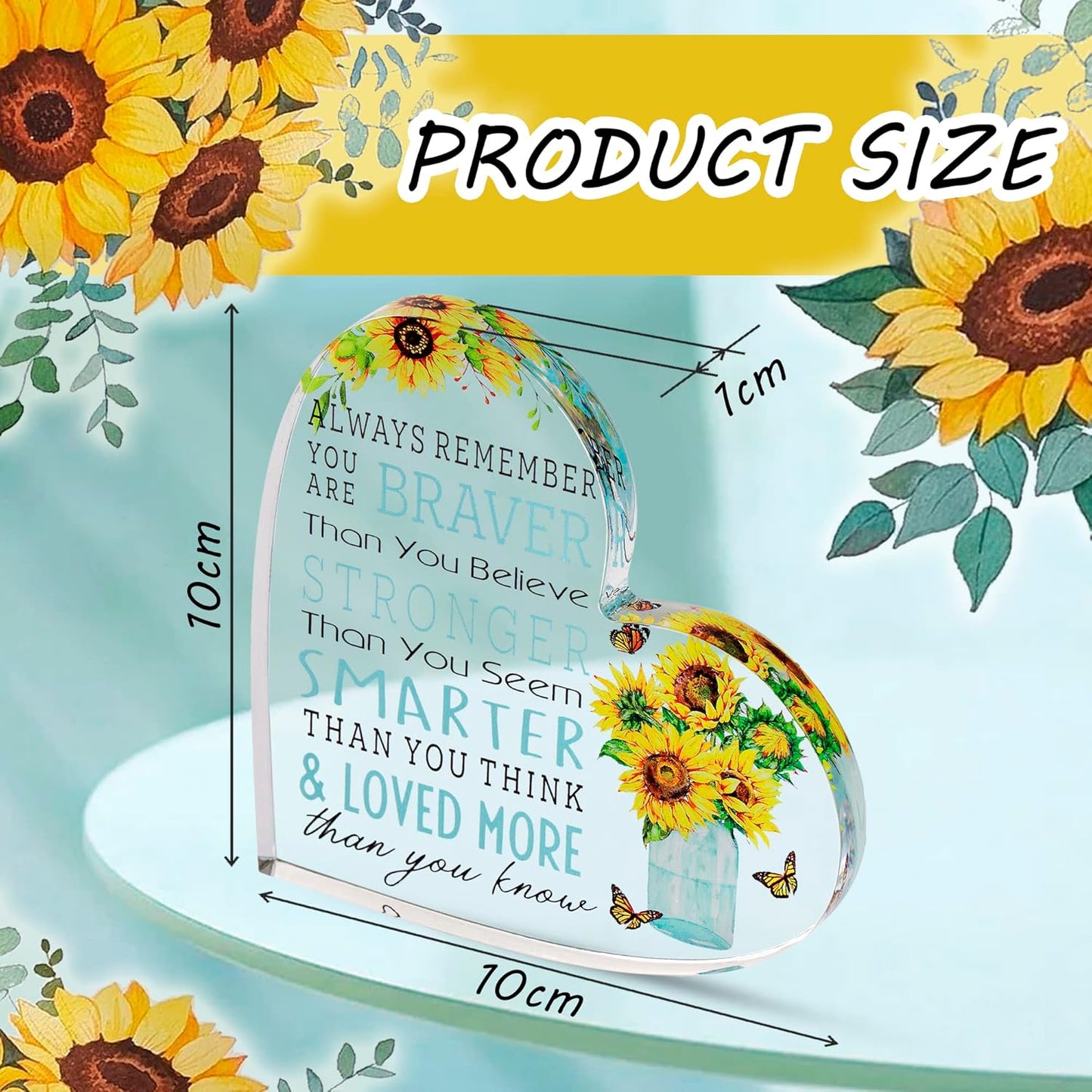 Motivational Gifts - Acrylic Hearts with Heartwarming Message - Inspirational Gifts for Women, Men Gifts - Home Office Desk Decor - Best Friends Gifts, New Job Gifts (Heart - Sunflower)