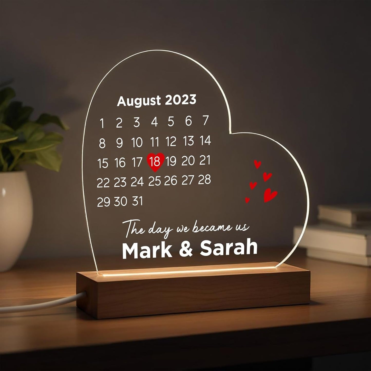 Wedding Anniversary Engagement Date Gifts for Him or Her, Gifts for Girlfriend Boyfriend, Valentine'S Day Gifts, Personalised LED Wooden Night Light for Wife Husband