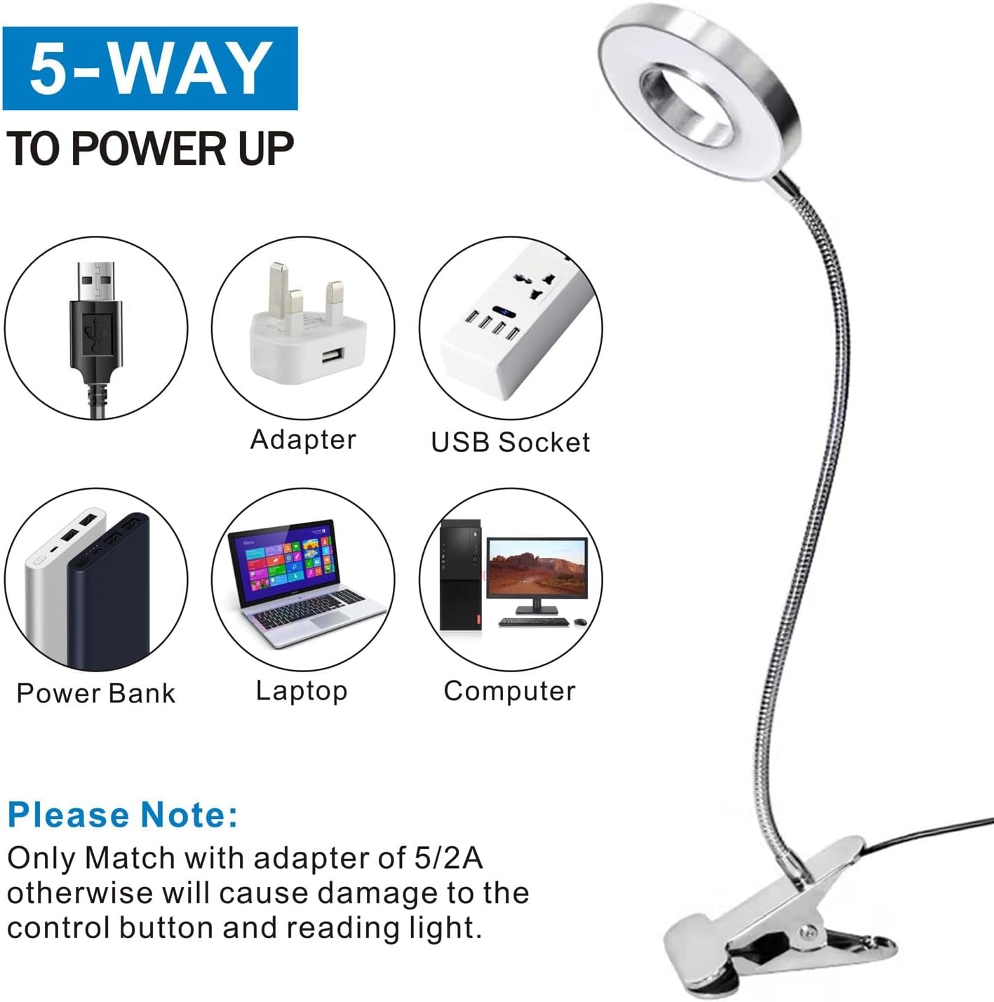 USB LED Desk Lamp Clip on Reading Light, 3 Light Mode 10 Dimmable Brightness Eye Caring Book Light, Bedside Lamp with Flexible Neck, Adjustable Perfect for Studying、Working (Silver)