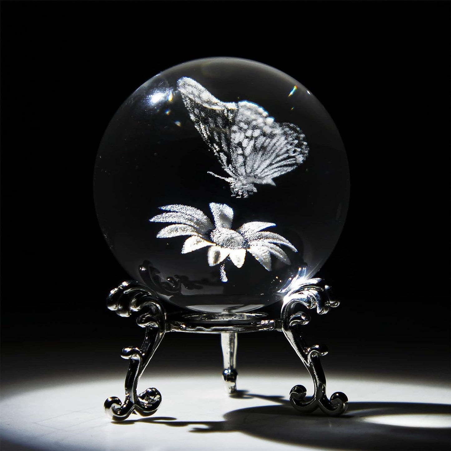 60Mm Butterfly Crystal Ball Paperweight,3D Laser Engraved Butterfly on Sunflower in Glass Ball with Stand Decorative Butterfly Glass Sphere Home Decor Gifts for Women Girls