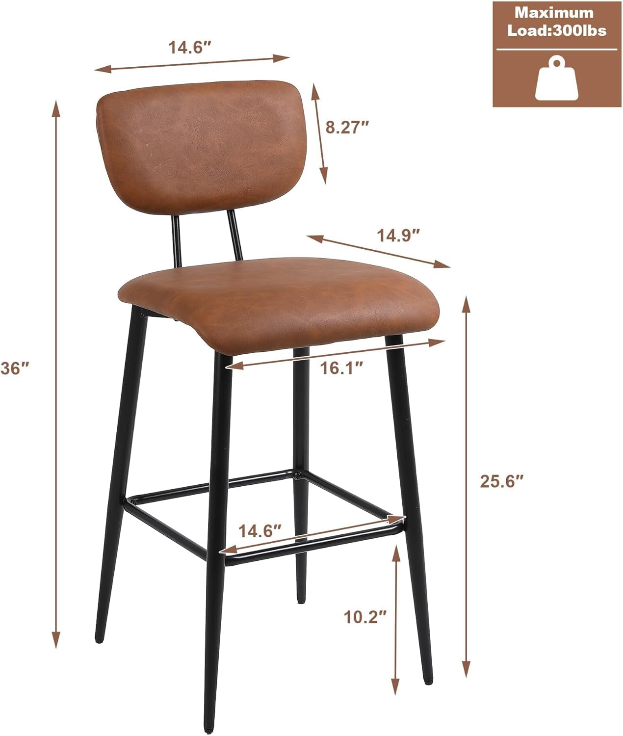 Bar Stools Set of 2, Tall Kitchen Stools with Backrest, Modern Faux Leather Barstools for Breakfast Bars, Counters, Restaurant and Home, Brown