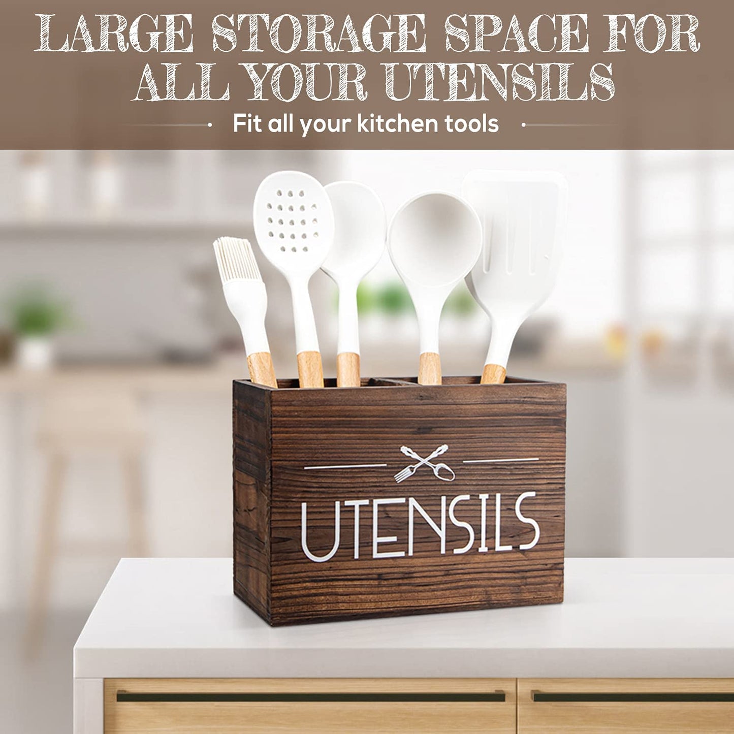 Wooden Kitchen Utensil Holder, Utensil Organizer for Countertop, Rustic Wood for Farmhouse Kitchen Decor, Farmhouse Utensil Caddy with 2 Compartments (Brown)