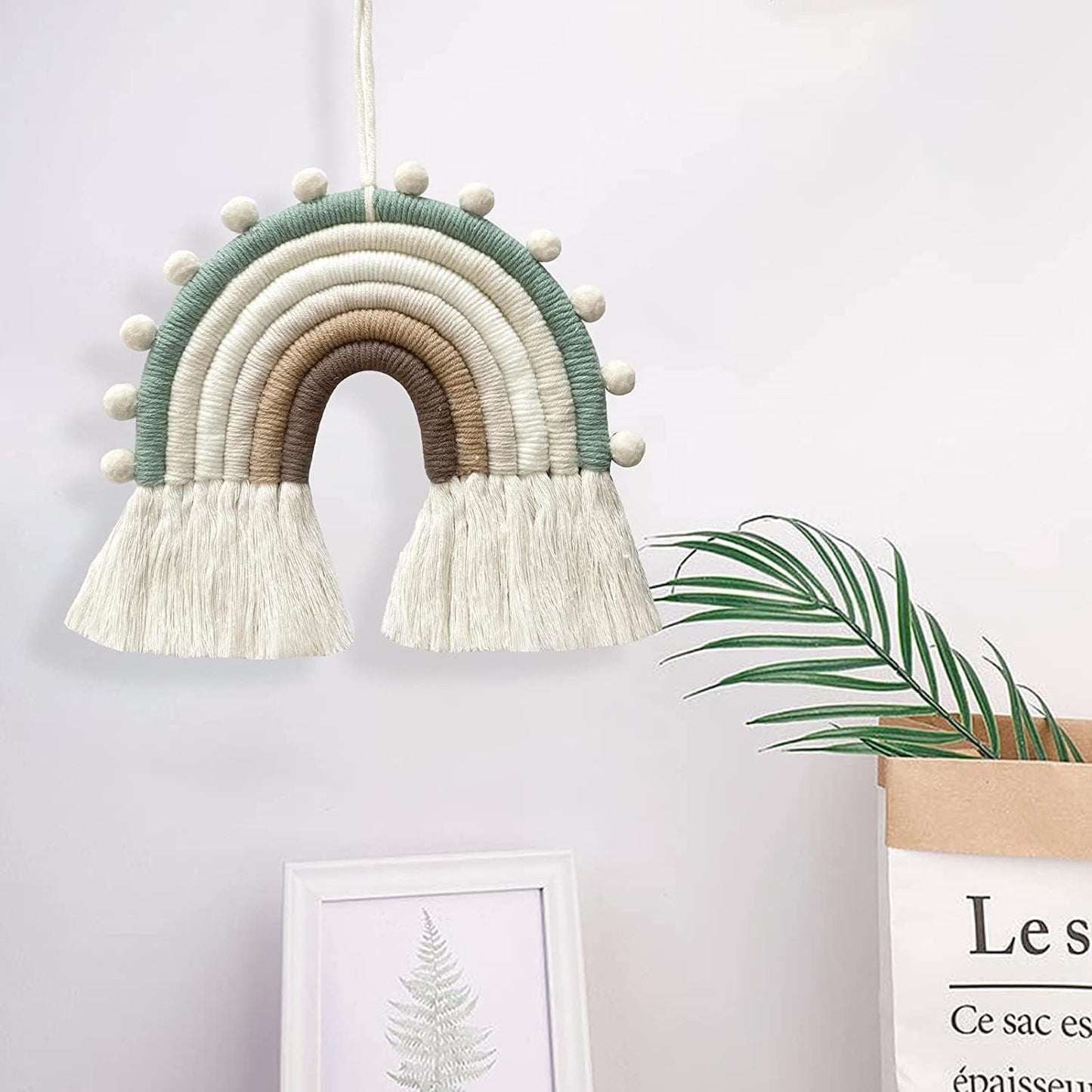 Rainbow Macrame Wall Hanging Decorations for Nursery Décor, Kids Bedroom Woven Tassel for Girls& Boys, Handmade Playroom Cotton Accessories for Baby Toddler Room (Beige)