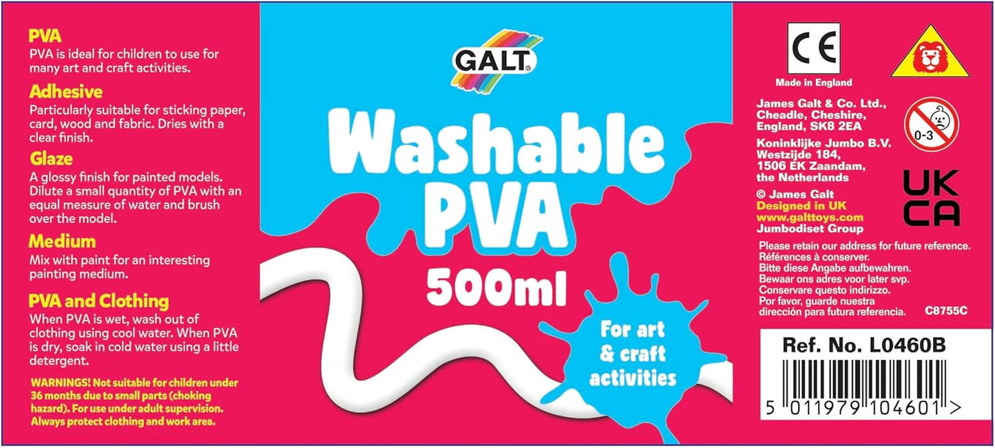 Washable PVA Glue for Crafting, 500Ml - Slime Making Easy Clean Kids Glue, Washes Out of Clothes - Clear Arts and Crafts Glue for Paper, Card, Wood and Fabrics - Children Safe, Ages 3 Years Plus