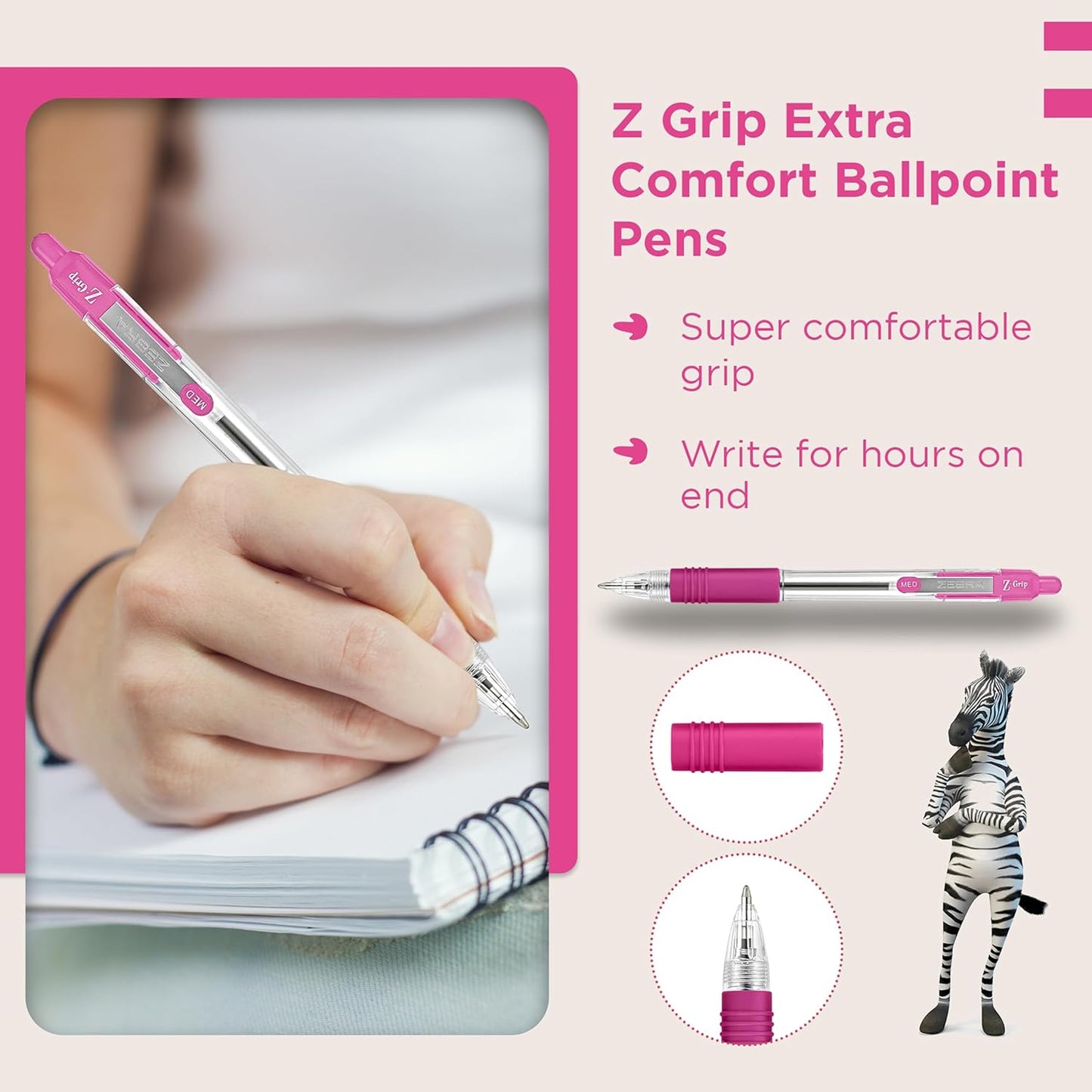 Z Grip Pink Pens Ballpoint, Smooth & Comfortable Ballpoint Pens with Pocket Clip, Retractable Ballpoint Pens with Pink Ink, Reliable Biro Pens Multipack for Everyday Use - Medium Point, 12Pk