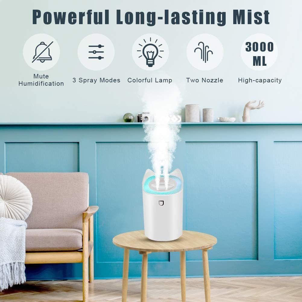 Humidifier, 3L Humidifier for Bedroom (Lasts up to 20 Hours), Air Humidifiers for Home with Color Changing Night Light for Baby Plant Office, 3 Mist Modes, 2 Nozzles, Auto Shut Off