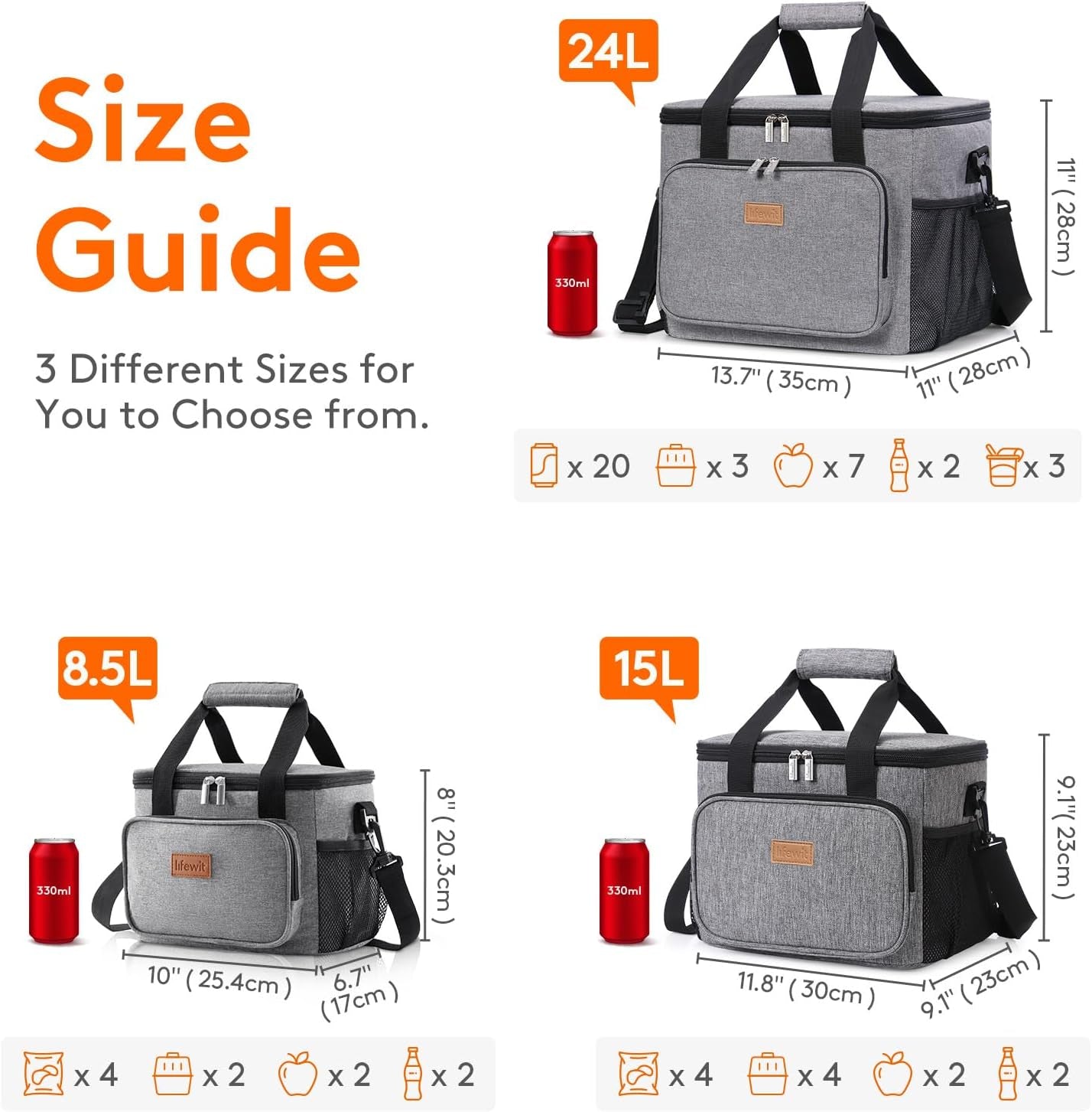15L (24 Cans) Insulated Lunch Bag, Cooler Bag for Lunch/Work/School/Beach/Picnic (Grey)