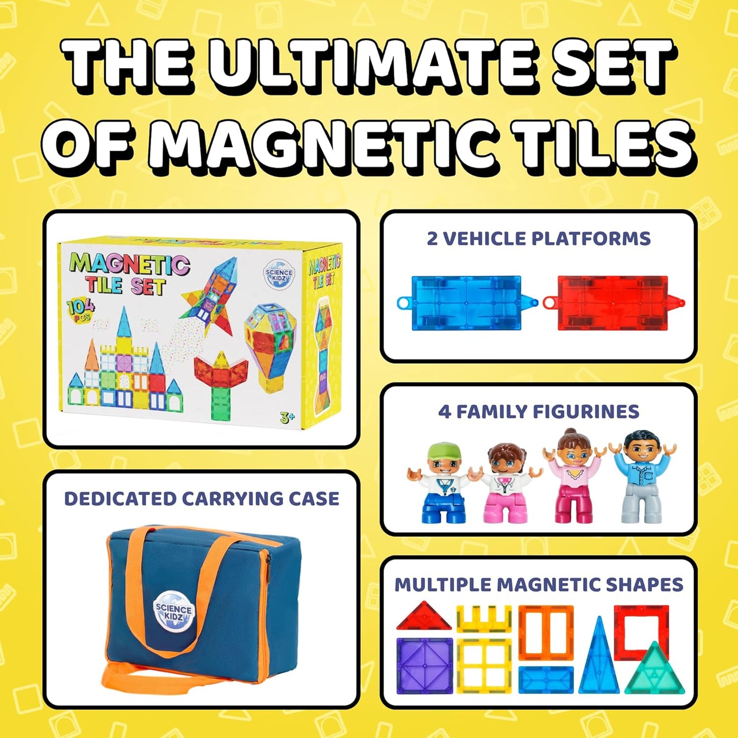 Magnetic Tiles - 100 Piece Set + 4 Play Figures + Storage Bag - Magnetic Building Blocks for Kids - Educational STEM Magnet Toys for 3, 4, 5, 6, 7 Year Old Boys & Girls - Magnetic Shapes