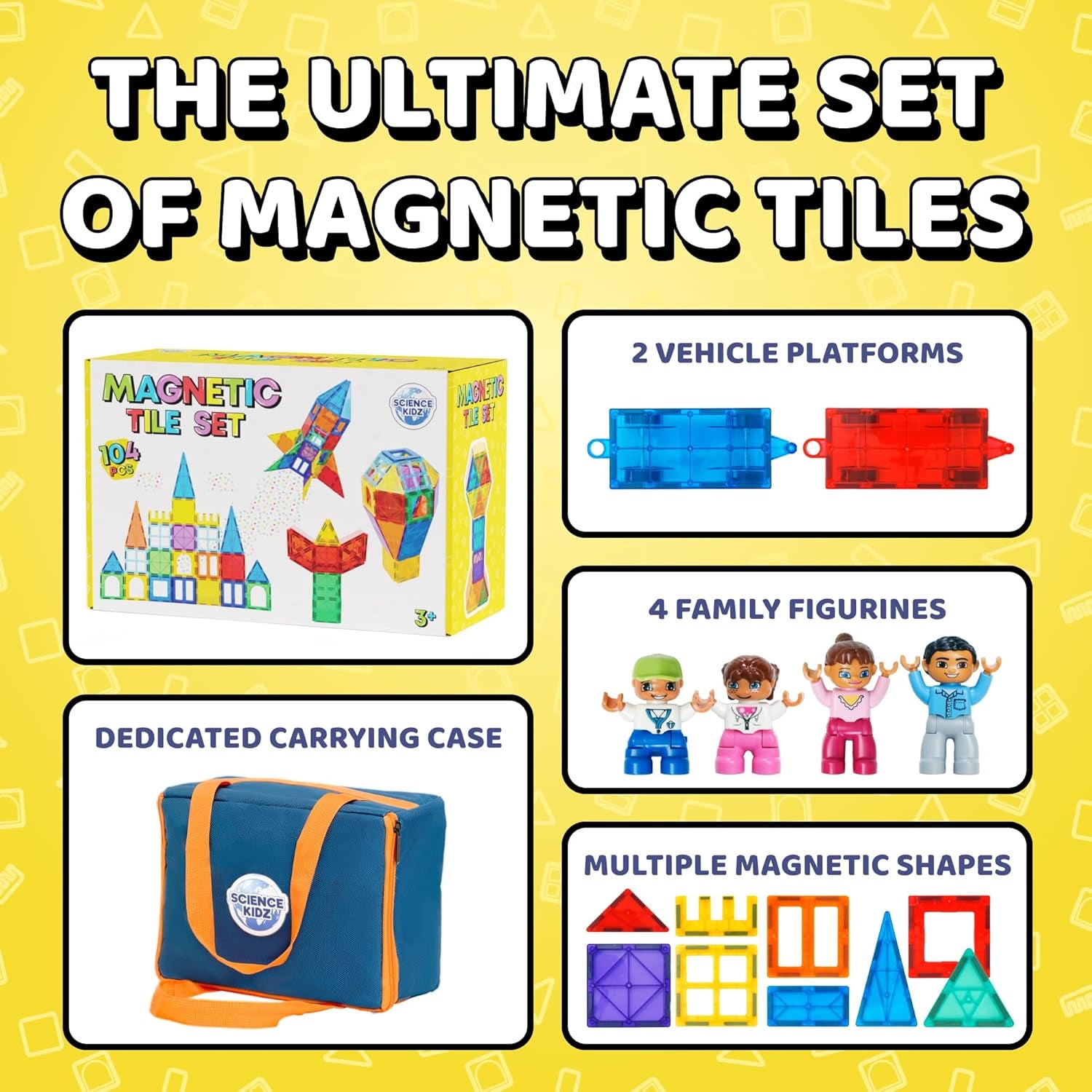 Magnetic Tiles - 100 Piece Set + 4 Play Figures + Storage Bag - Magnetic Building Blocks for Kids - Educational STEM Magnet Toys for 3, 4, 5, 6, 7 Year Old Boys & Girls - Magnetic Shapes
