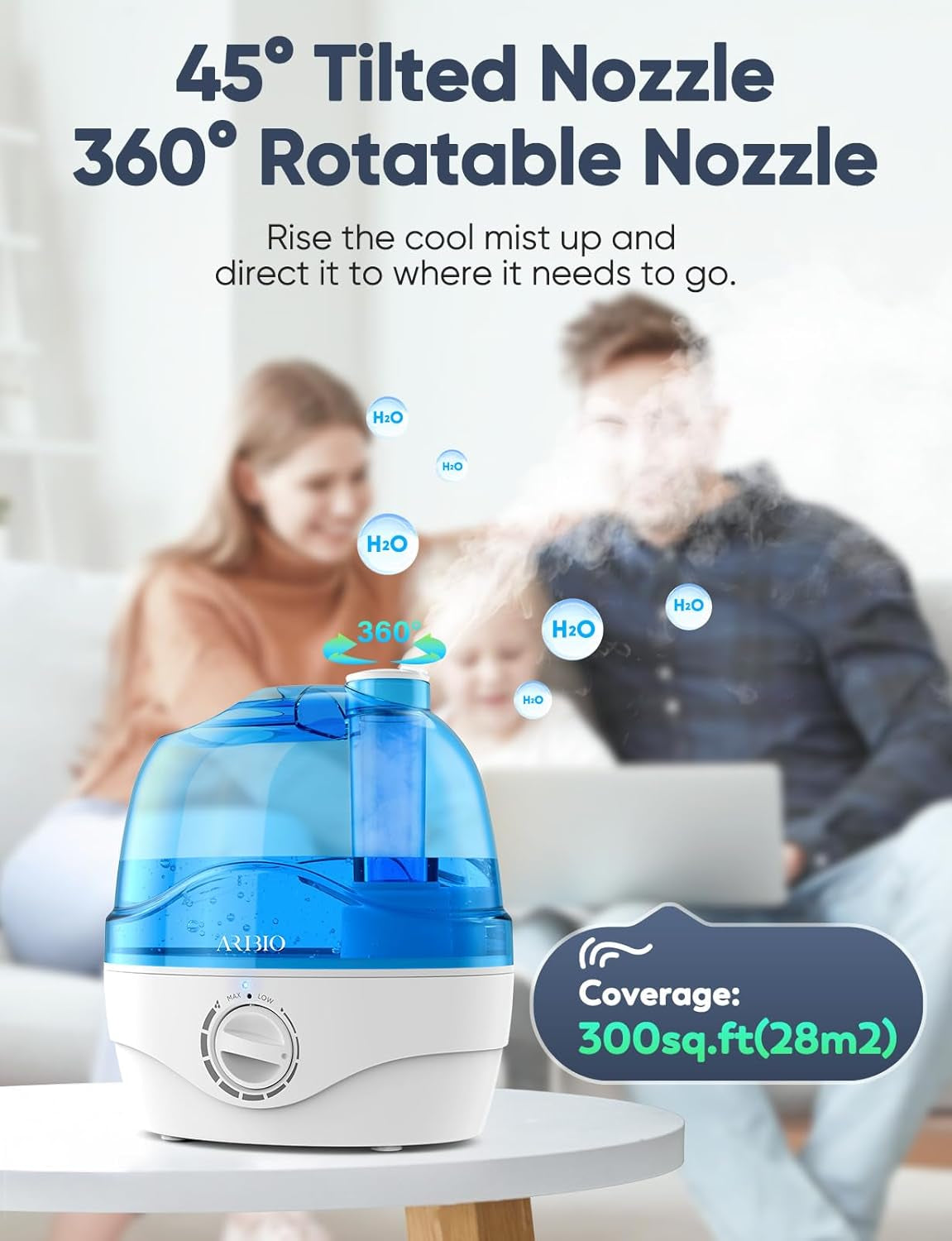 Humidifiers, 2.2L Humidifier for Bedroom Baby Room with 28Db Quiet, Air Cool Mist Humidifiers for Home with 360° Rotation Nozzle, Bpa-Free, Wide Mouth, Easy to Clean Humidifier for Home, Office, Baby
