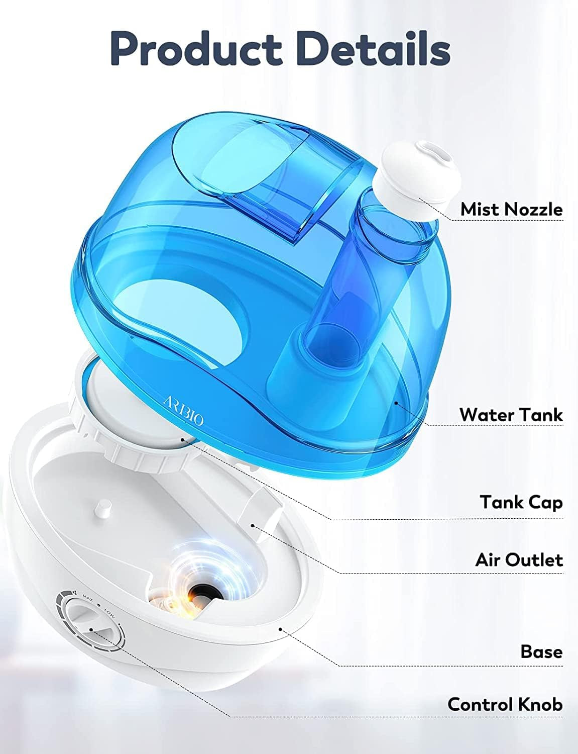 Humidifiers, 2.2L Humidifier for Bedroom Baby Room with 28Db Quiet, Air Cool Mist Humidifiers for Home with 360° Rotation Nozzle, Bpa-Free, Wide Mouth, Easy to Clean Humidifier for Home, Office, Baby