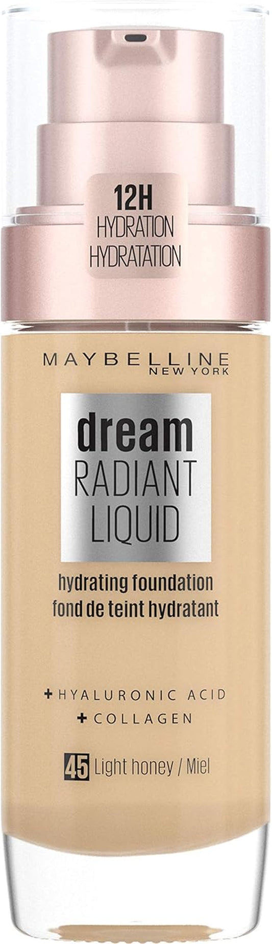 Foundation, Dream Radiant Liquid Hydrating Foundation with Hyaluronic Acid and Collagen - Lightweight, Medium Coverage up to 12 Hour Hydration - 45 Light Honey