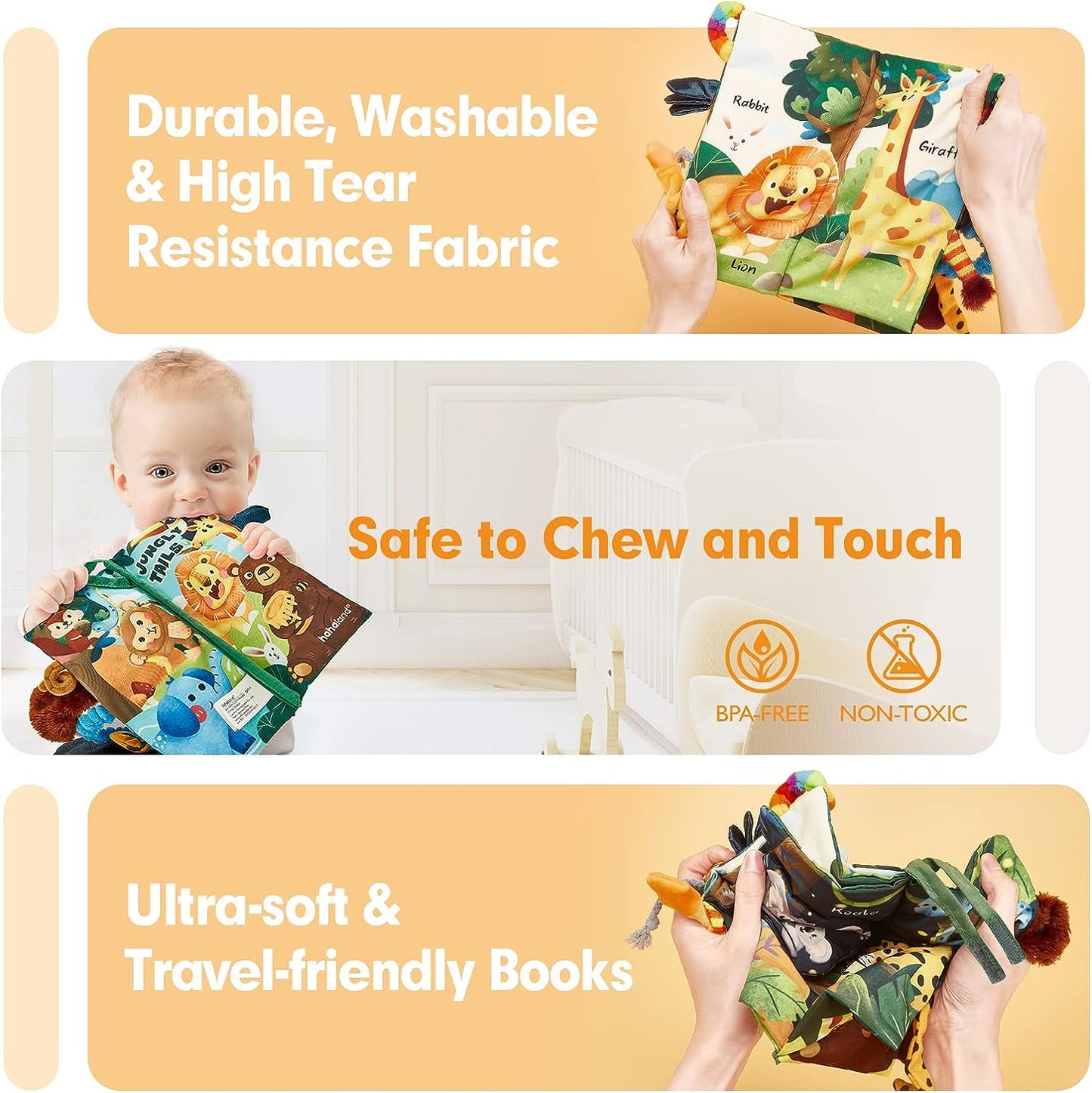 Baby Book Baby Toys Jungle Tails Sensory Books for Babies Touch and Feel Soft Books, Crinkle Paper Baby Essentials for Newborn Infants Toys, Newborn Gifts for 0 3 6 12 Months Boys Girls