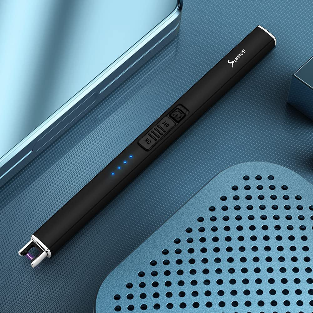 Electric Lighter Arc Windproof Flameless USB Lighter Rechargeable Lighter with Safety Lock for Candle BBQ Camping (Black)