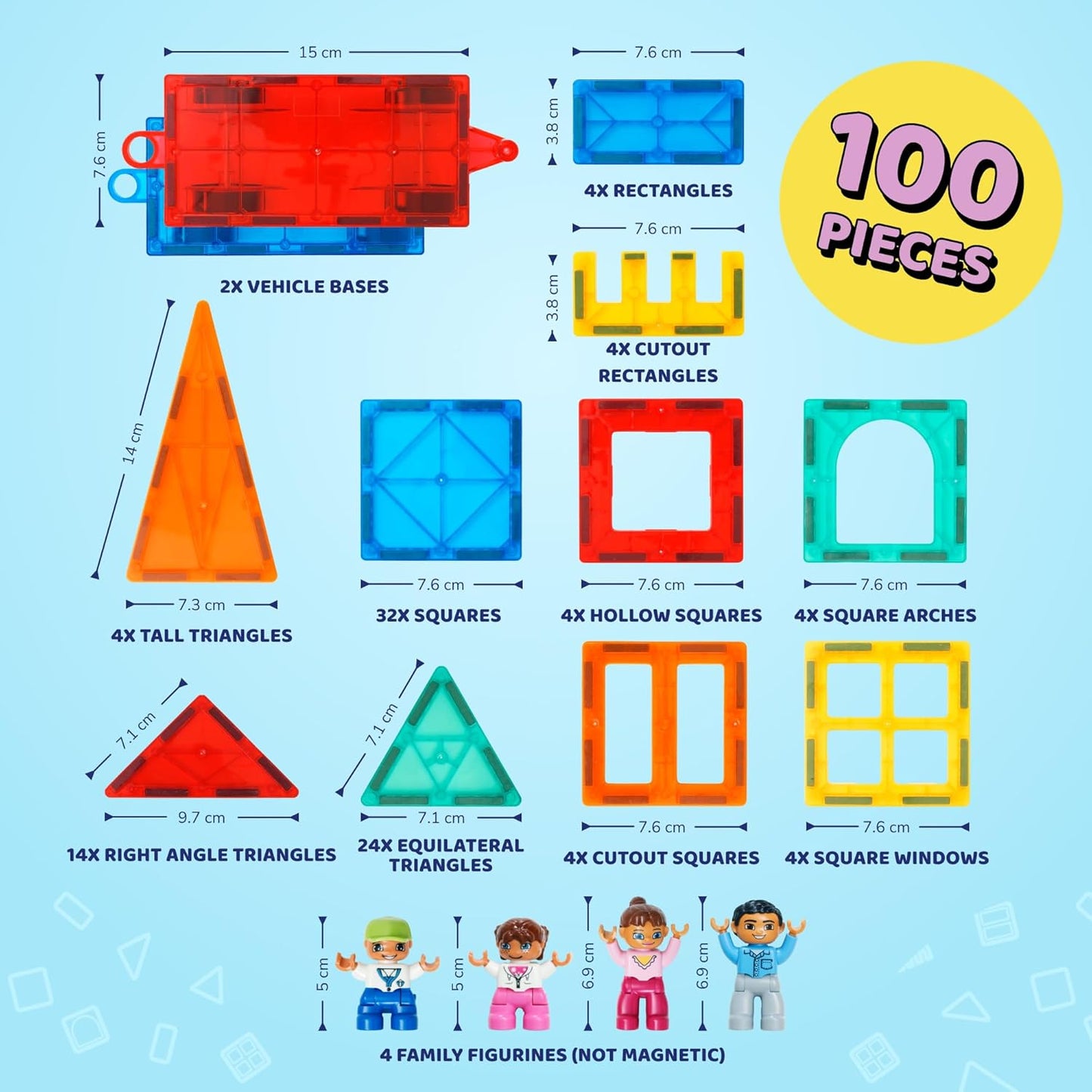 Magnetic Tiles - 100 Piece Set + 4 Play Figures + Storage Bag - Magnetic Building Blocks for Kids - Educational STEM Magnet Toys for 3, 4, 5, 6, 7 Year Old Boys & Girls - Magnetic Shapes