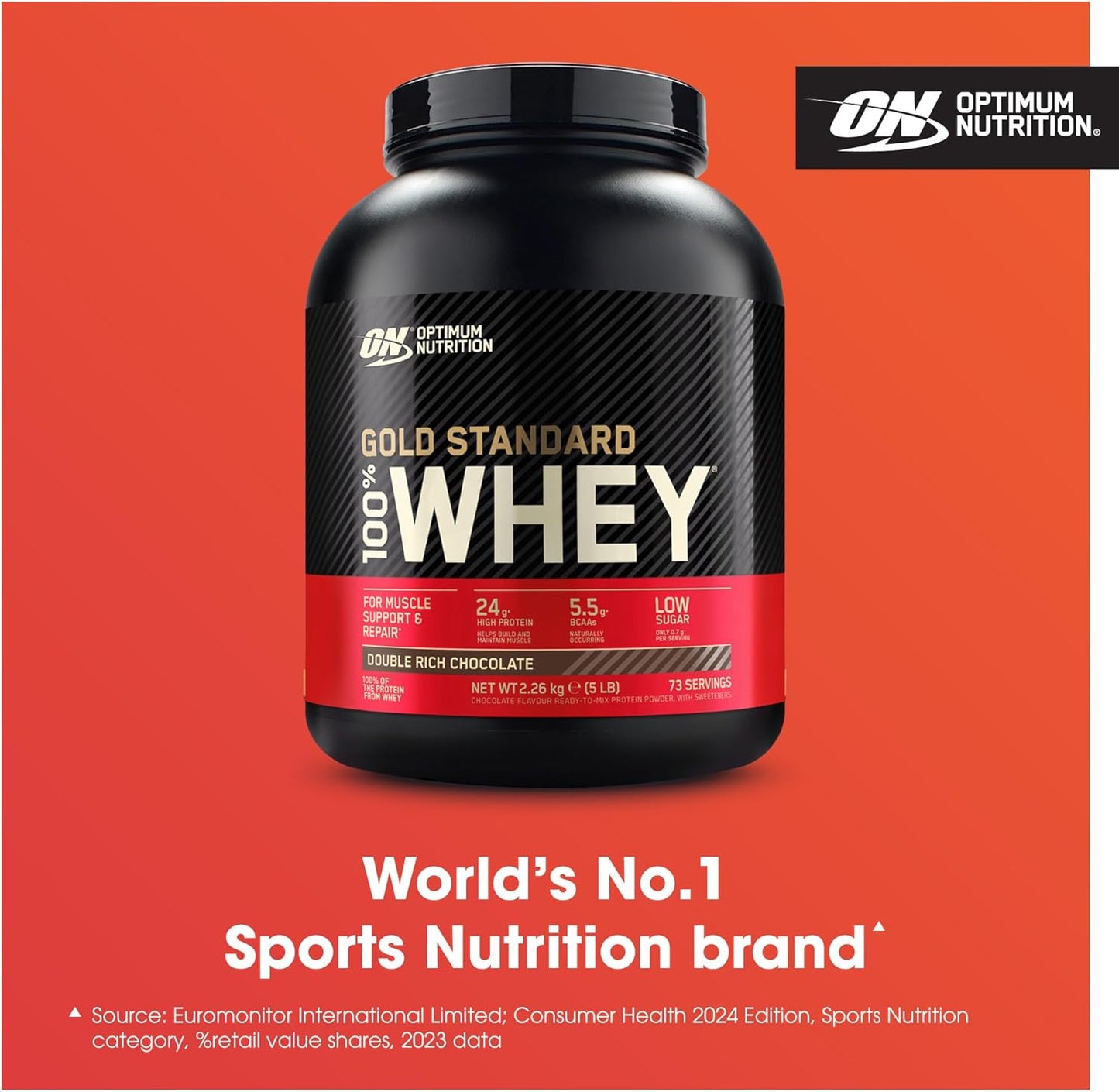 Gold Standard 100% Whey Muscle Building and Recovery Protein Powder with Naturally Occurring Glutamine and BCAA Amino Acids, Double Rich Chocolate Flavour, 73 Servings, 2.26 Kg