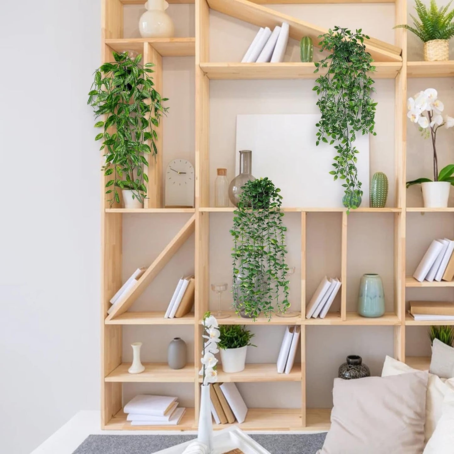 Artificial Plant Eucalyptus - Set of 3 Decorative Artificial Hanging Plants with Pots Fake Ivy Vines Greenery Faux Trailing Plants for Home Garden Office Shelf Wall Decoration