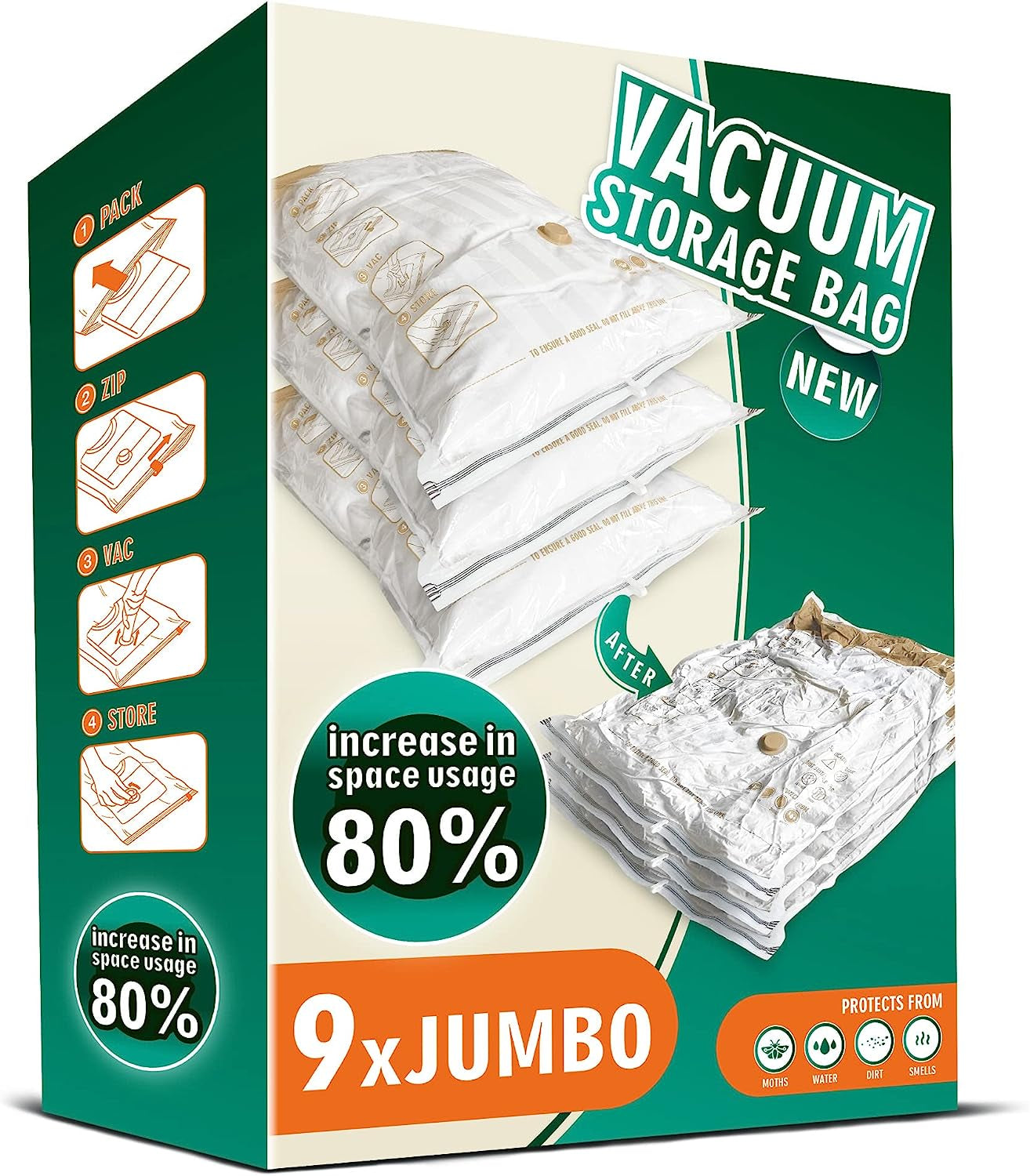 Space Saver Bags for Travel and Home Reusable Vacuum Storage Bags save 80% More Storage Space Work with Vacuum Cleaner (9 Jumbo, No Pump Included)