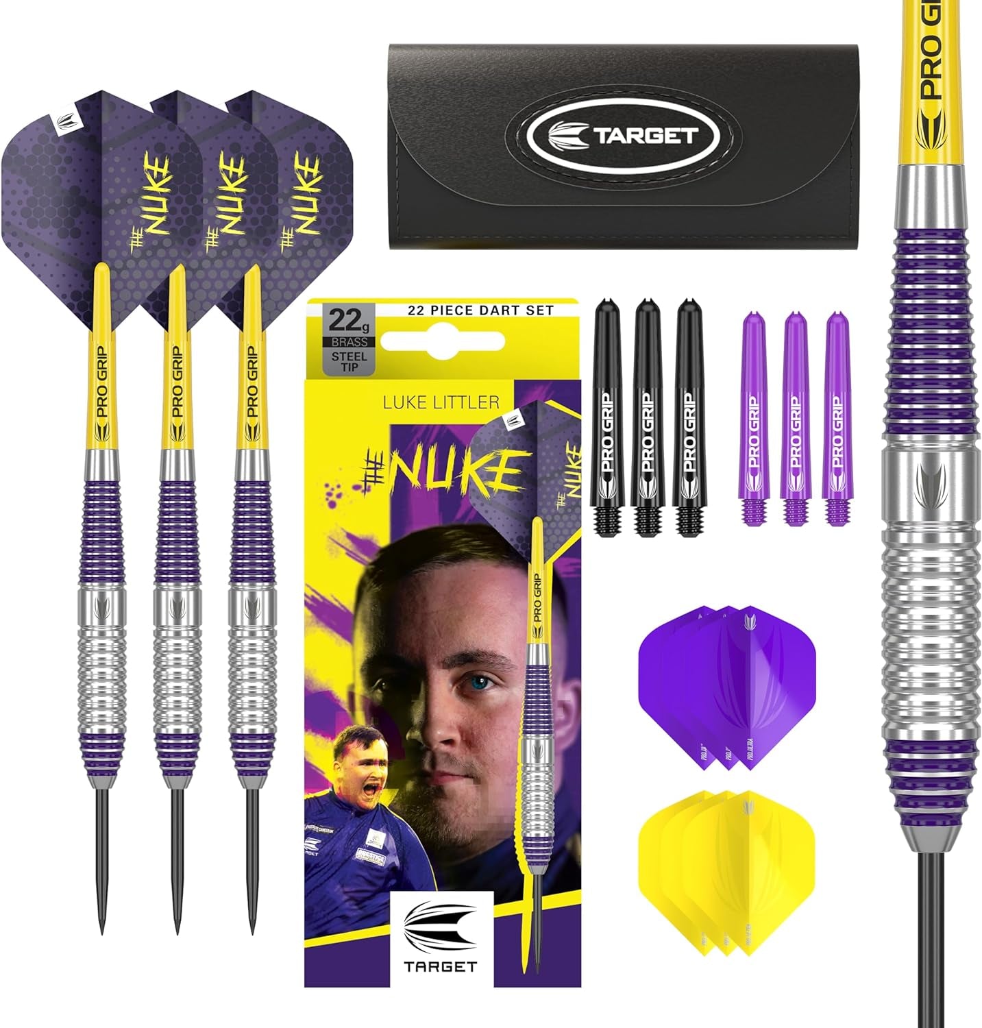 Darts Luke Littler Brass Steel Tip Darts Set – 22G Steel Tip Dart, the Nuke Player Edition Dart Set, Dart Accessories