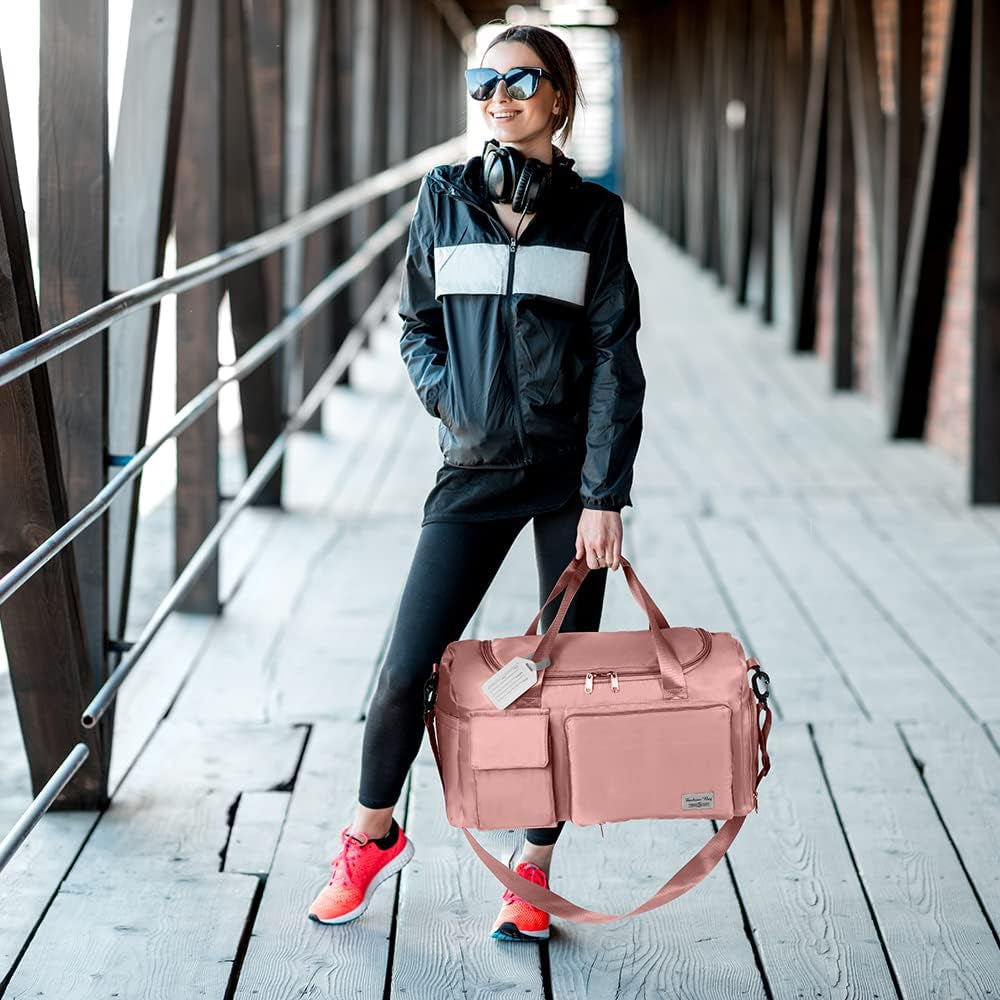 Duffel Bag, Foldable Overnight Weekend Bags for Women, Lightweight Hospital Bag with Wet and Dry Separation Bag, Large Holdall/Cabin/Gym Bag for Sports and Travel - Pink