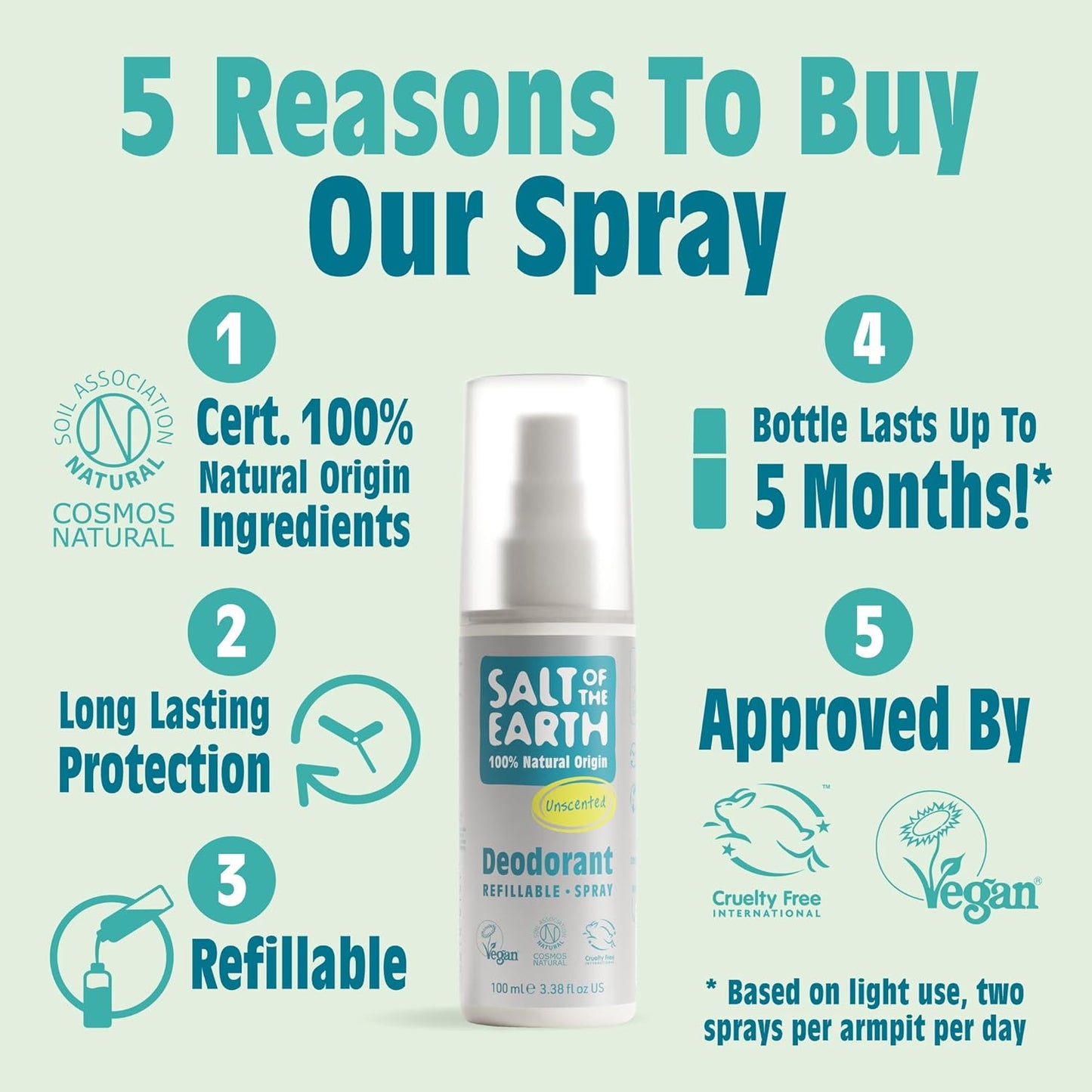 – Refillable Natural Deodorant Spray – 100% Natural Origin Ingredients - Vegan, Long Lasting Protection – Suitable for Women, Men & Kids - 100Ml (Unscented)
