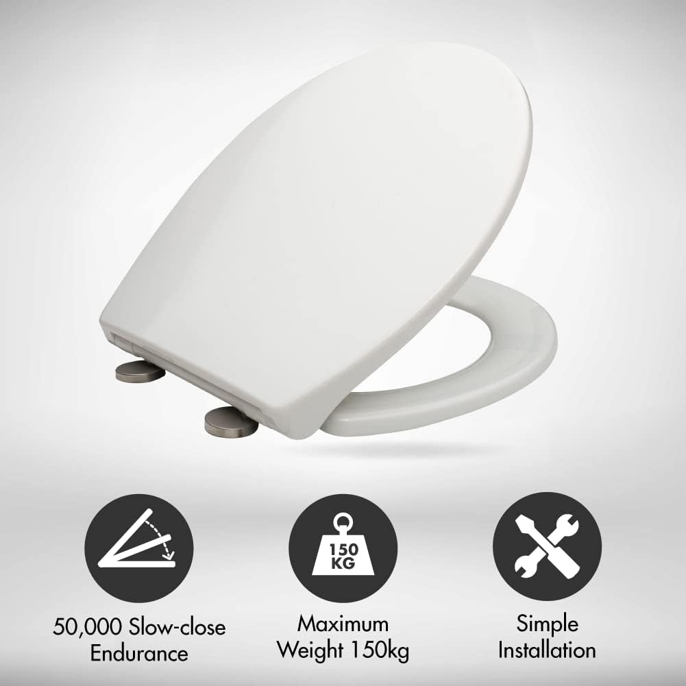 ® Premium Thermoplastic Toilet Seat - Soft Close Hard-Wearing Seat with One Button Hinge Release, O-Shaped - Easy to Clean and Install with Universal Fittings, White