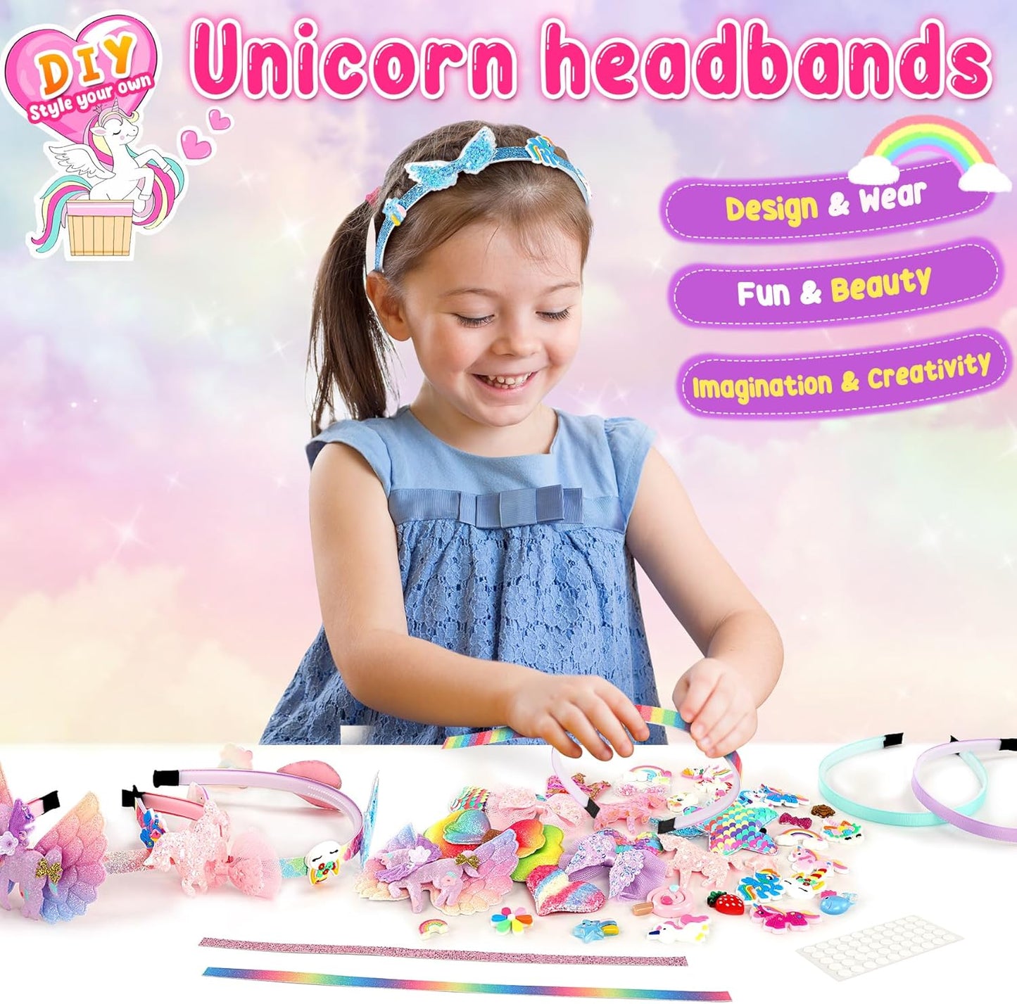 Unicorn Headband Making Kit for Girls Age 3+, Creative Craft Kits for Kids, DIY Hair Accessories & Hairbands - Girls Birthday Presents for Age 3 4 5 6 7 8 Year Old Girls Gifts Toys Set