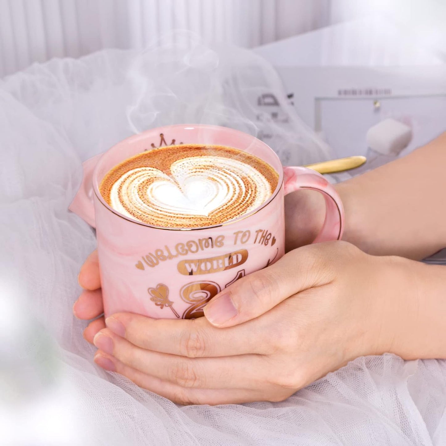 21St Birthday Gifts for Her Keepsake, 14Oz Lovely Pink Marble Ceramic Cup Printed with Gold, Lid, Spoon, Greeting Card, Happy 21St Bday Mug Present for Daughter, Girl, Sister, Niece, Gift Boxed
