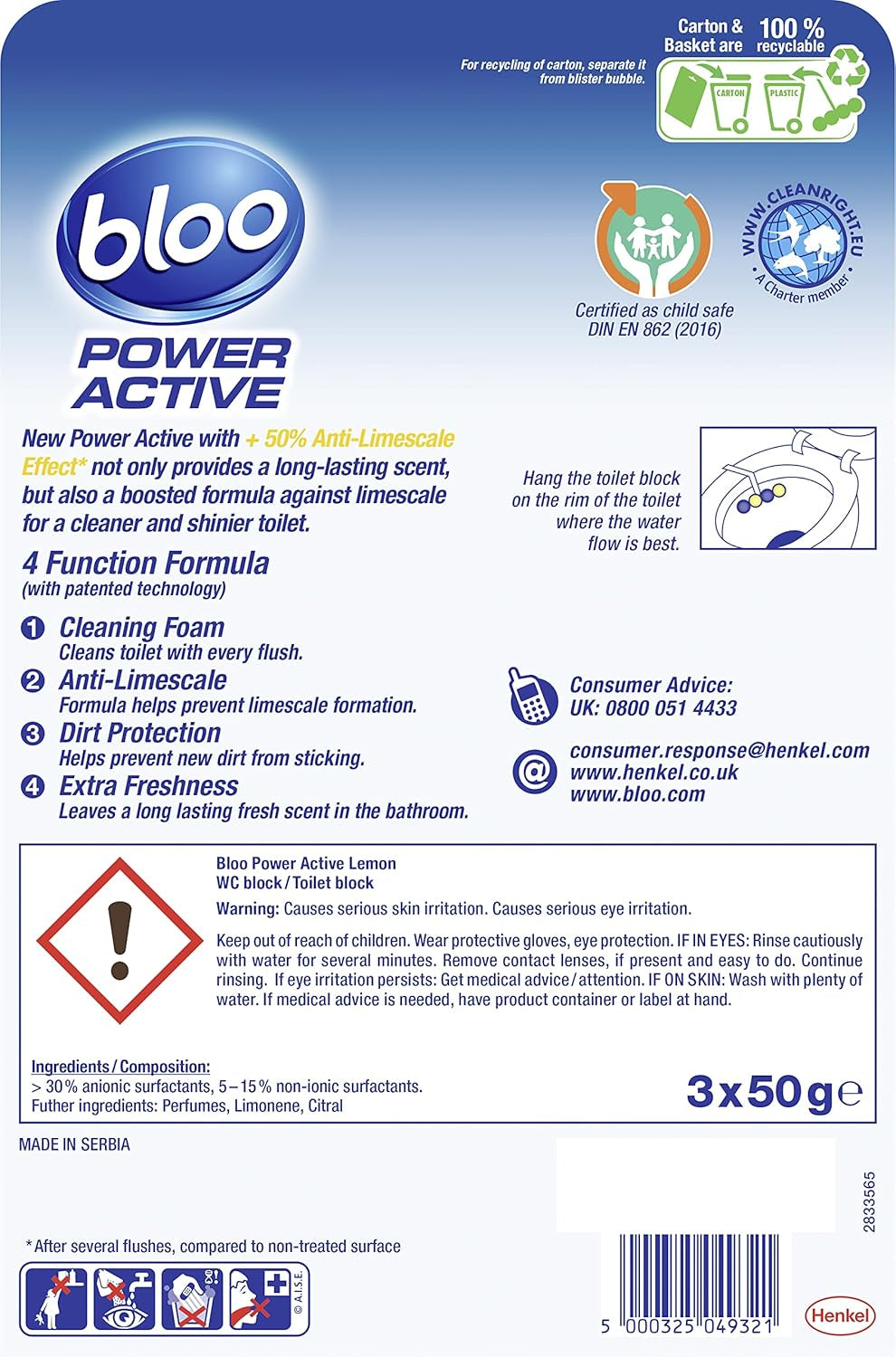 Power Active Toilet Rim Block Lemon, with Anti-Limescale, Cleaning Foam, Dirt Protection and Extra Freshness - Pack of 3 Rimblocks