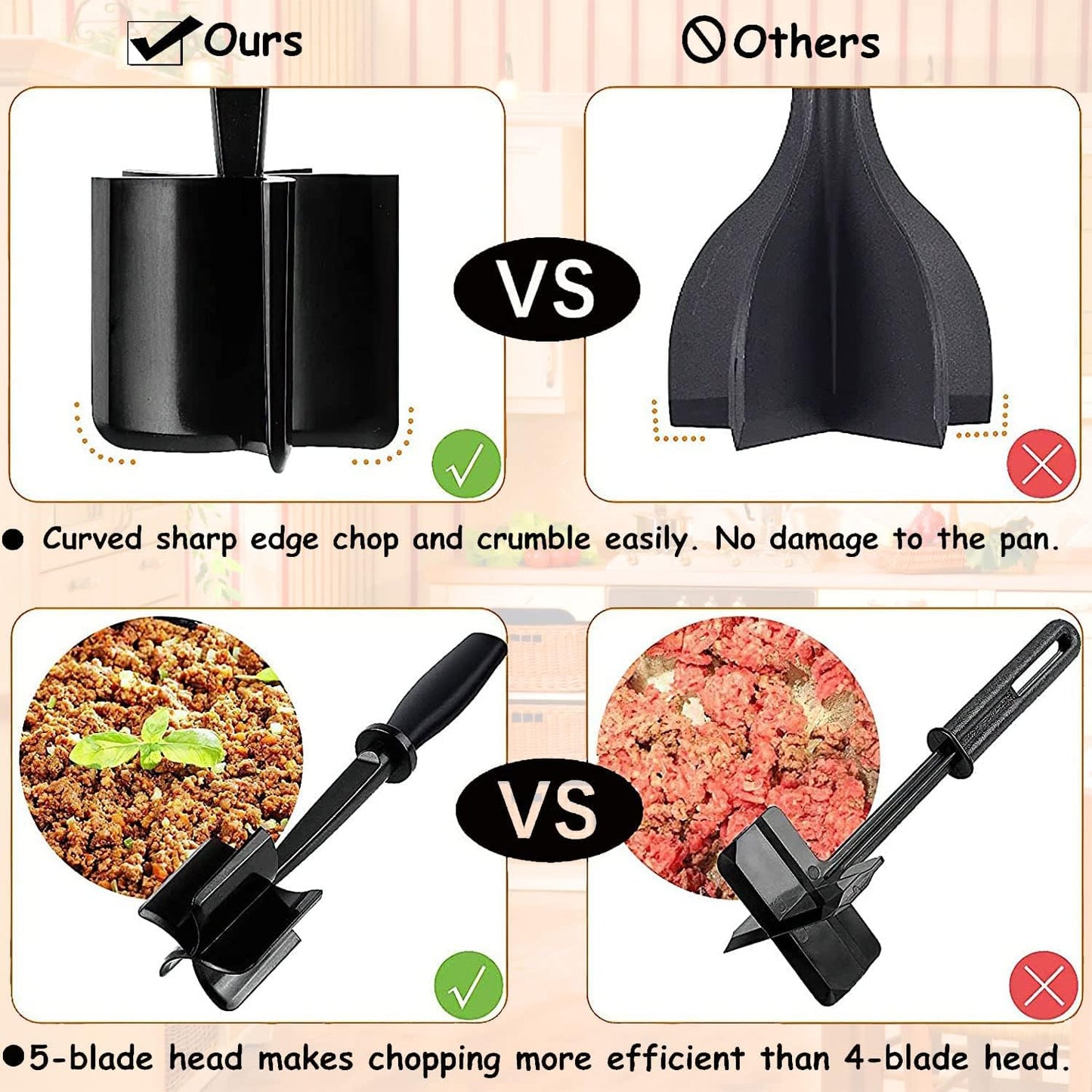 Meat Chopper, Ground Beef Masher with 5-Blade Head, Versatile High-Temp Heat-Resistant Hamburger Mince Masher, Non-Stick Mince Meat Masher for Hamburger Meat, Beef, Nylon Utensil Cookware