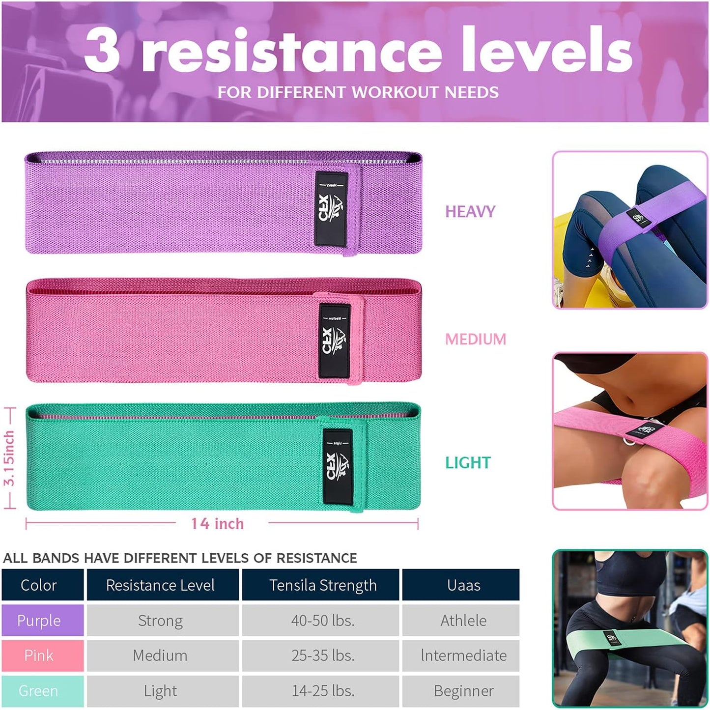 Resistance Bands Set, Exercise Bands with Non-Slip Design for HIPS & Glutes, 3 Levels Workout Bands for Women and Men, Booty Bands for Home Fitness, Yoga, Pilates