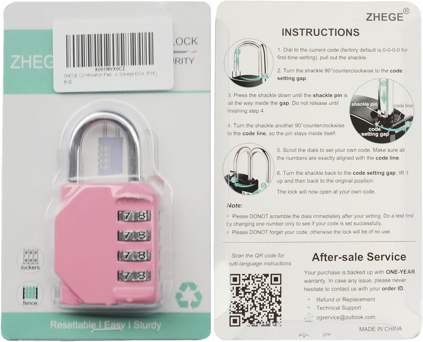 Padlock with Code, 4 Digit Combination Lock for Locker, Resettable Coded Padlock for School and Gym Lockers, Outdoor Padlock Weatherproof for Backyard Fence Gate, Sheds, Garage Door (Pink)