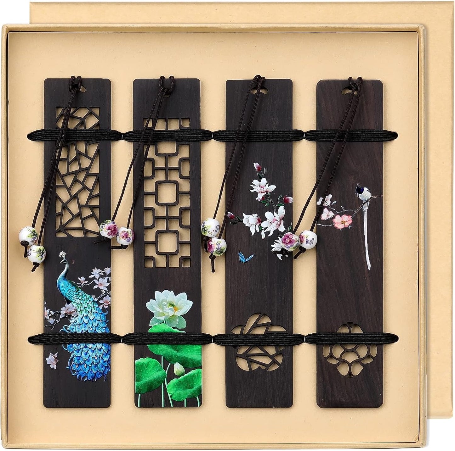 Wooden Bookmark for Men Women, Handmade Natural Wood Carving, Hollow Out and Painted Craft, Ideal Gifts for Men Women Friends Girls Teachers, Birthday Present (Peacock and Lotus)