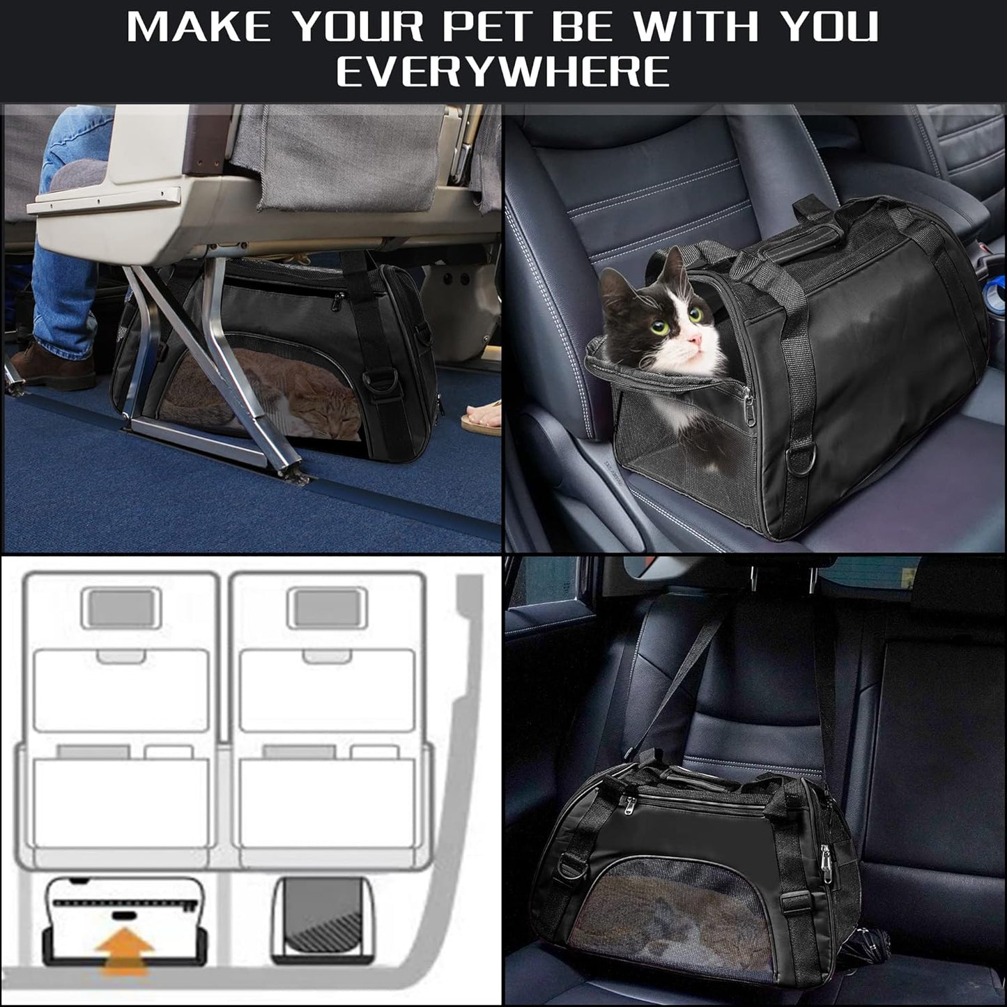 Soft-Sided Foldable Cat/Dog/Pet/Puppy Carrier Bag,Portable Pets Travel Carriers for Cats/Dogs/Pets with Shoulder Strap & Removable Mat,Durable Comfort Cat Basket Airline Approved(Black,Medium)