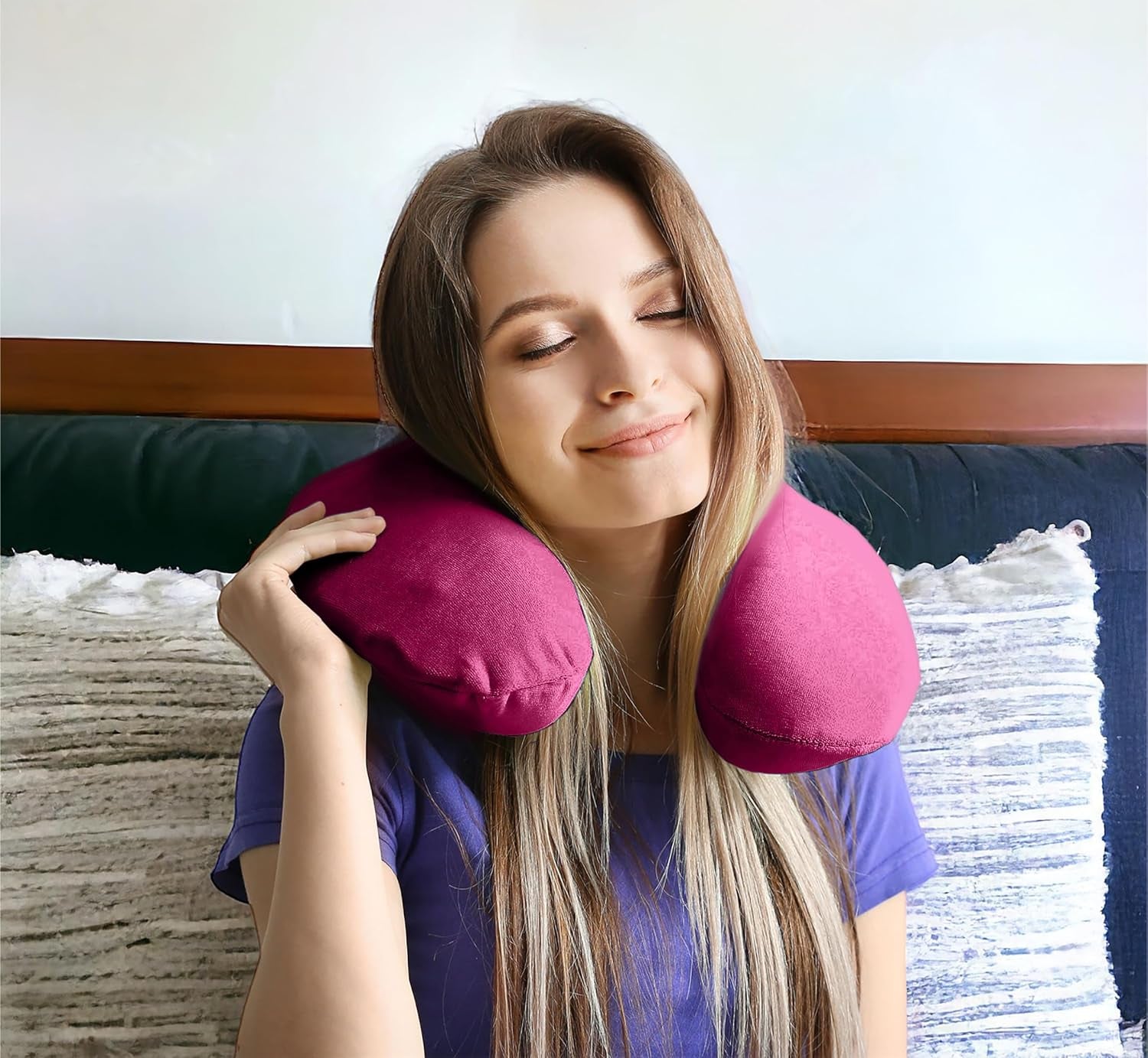 Memory Foam Moulded Pressure Relief Neck Cushion. Comfort & Posture, Ideal for Travel. Supports the Head, Neck and Chin When Sleeping. Use for Plane, Train or Car Journeys. Travel Pillow Pink