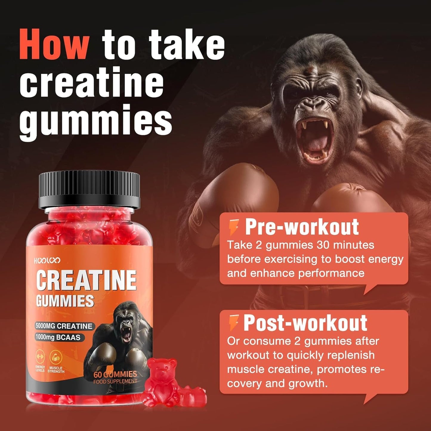 Creatine Gummies 5000Mg Creatine Monohydrate with 1000Mg Bcaas per Serving for Men & Women, Vegan & Sugar-Free, Easy Pre/Post Workout Gym Support for Performance and Muscle Power, 60 Count