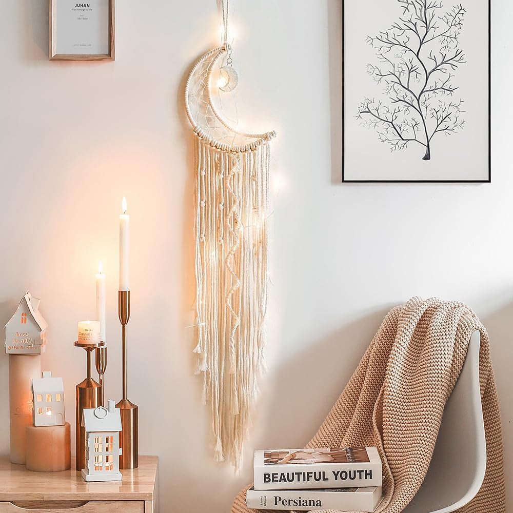 Macrame Wall Hanging with LED Light,Moon Dream Catcher Woven Tapestry Bohemian Home Decor Wedding Party Ornaments Craft Gifts Ramadan Decorations for Home